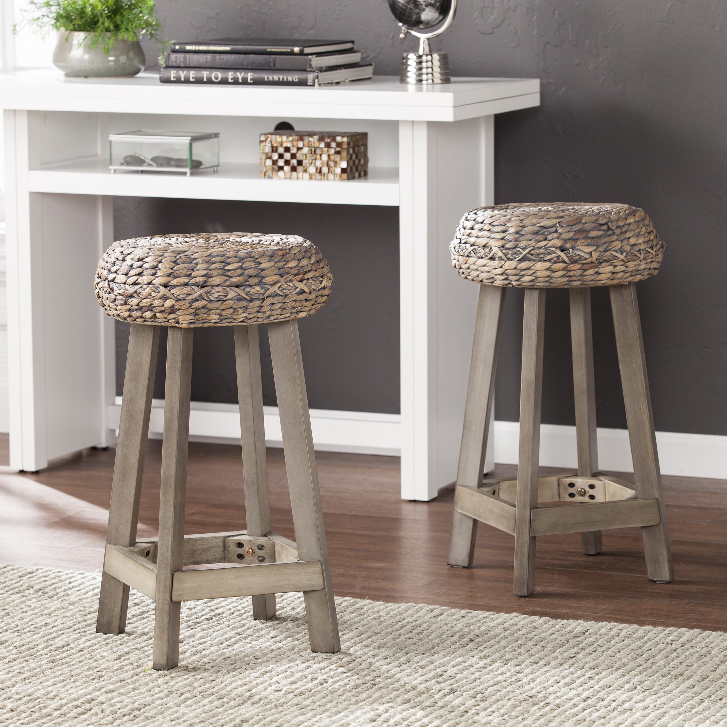 SEI Furniture Round Woven Fiber Seat Stool Set - Bohemian Style Decorative Stools - Natural Hyacinth Material - Perfect for Living Room, Bedroom, or Outdoor Patio Decor