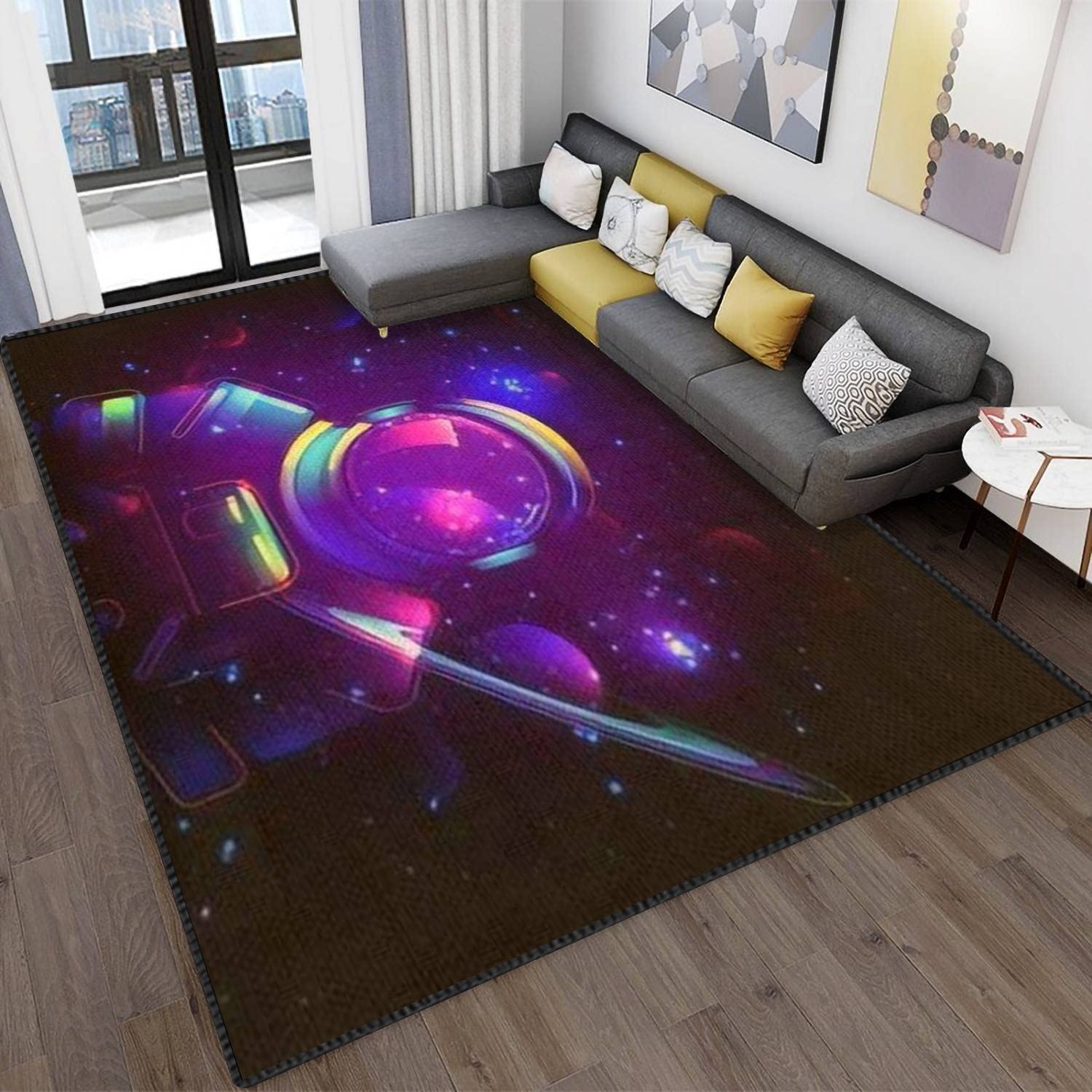 MJKIODPEV 5'×8' Astronaut in Space Galaxy Neon Rug - Non-Slip Soft Indoor/Outdoor Carpet for Living Room, Bedroom, Dorm - Perfect for Sci-Fi Themed Decor & Kids' Space Adventure Playrooms