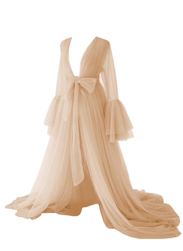 Elegant Maternity Tulle Robe for Women - Long Sleeve Bridal Photoshoot Gown, Sexy Pregnancy Dress, Lace Bathrobe & Nightgown - Perfect for Maternity Shoot, Bridal Shower & Relaxing at Home