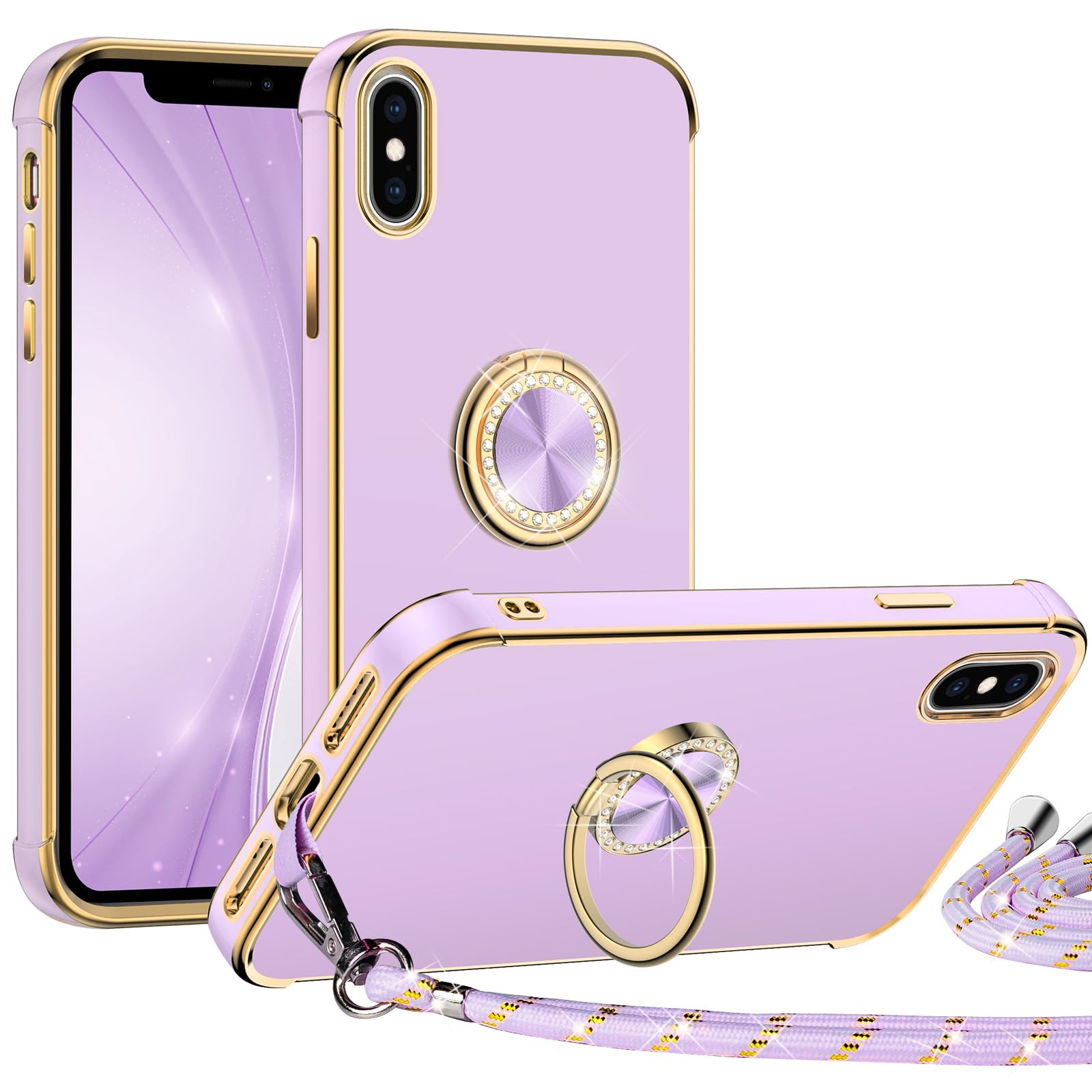 Premium Luxury Electroplated iPhone Xs Max Case with Ring Holder Stand & Lanyard - Soft TPU Shockproof Protective Cover for Women & Girls (Purple) - Perfect for Daily Use, Travel, and Hands-Free Convenience