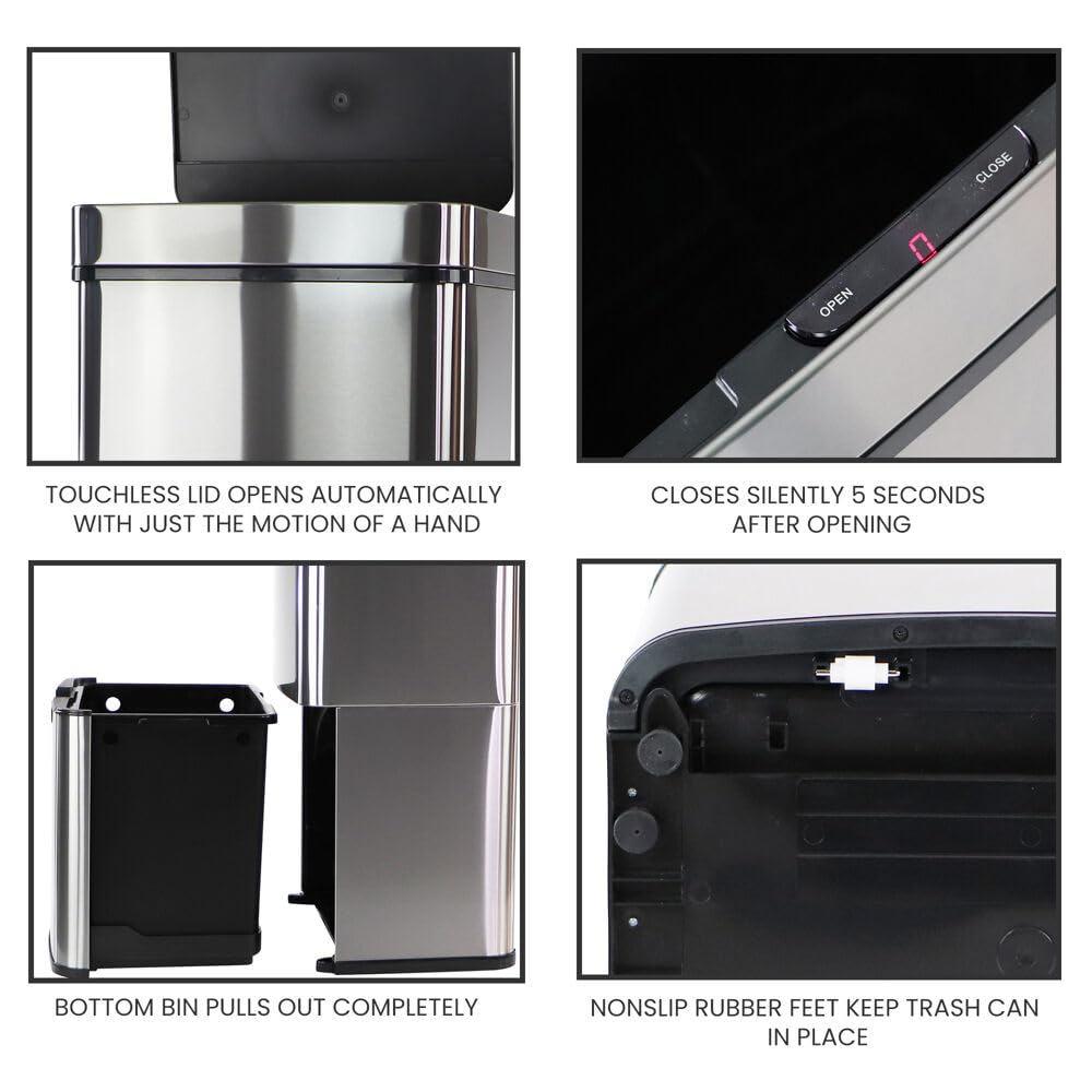 Hanover Home 16.4 Gallon Stainless Steel Motion Sensor Trash Can with Pull-Out Recycling Bin - Fingerprint-Resistant Kitchen Garbage Bin for Home & Office Use (62L) - Perfect for Waste Management in Modern Kitchens, Pantries & Break Rooms