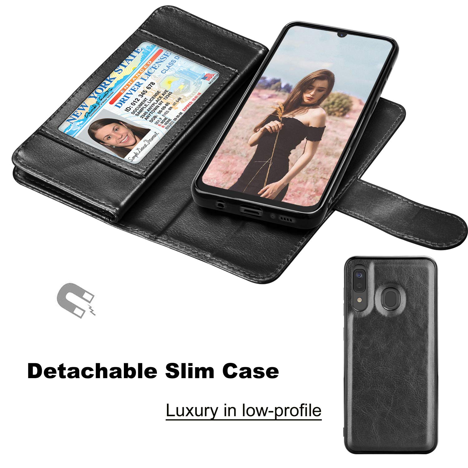 Premium Takfox Wallet Case for Samsung Galaxy A20 (2019) - Magnetic Detachable Flip Cover with ID/Credit Card Slots, Kickstand & Wrist Strap | Perfect for Everyday Use, Travel & Business Meetings (Black)