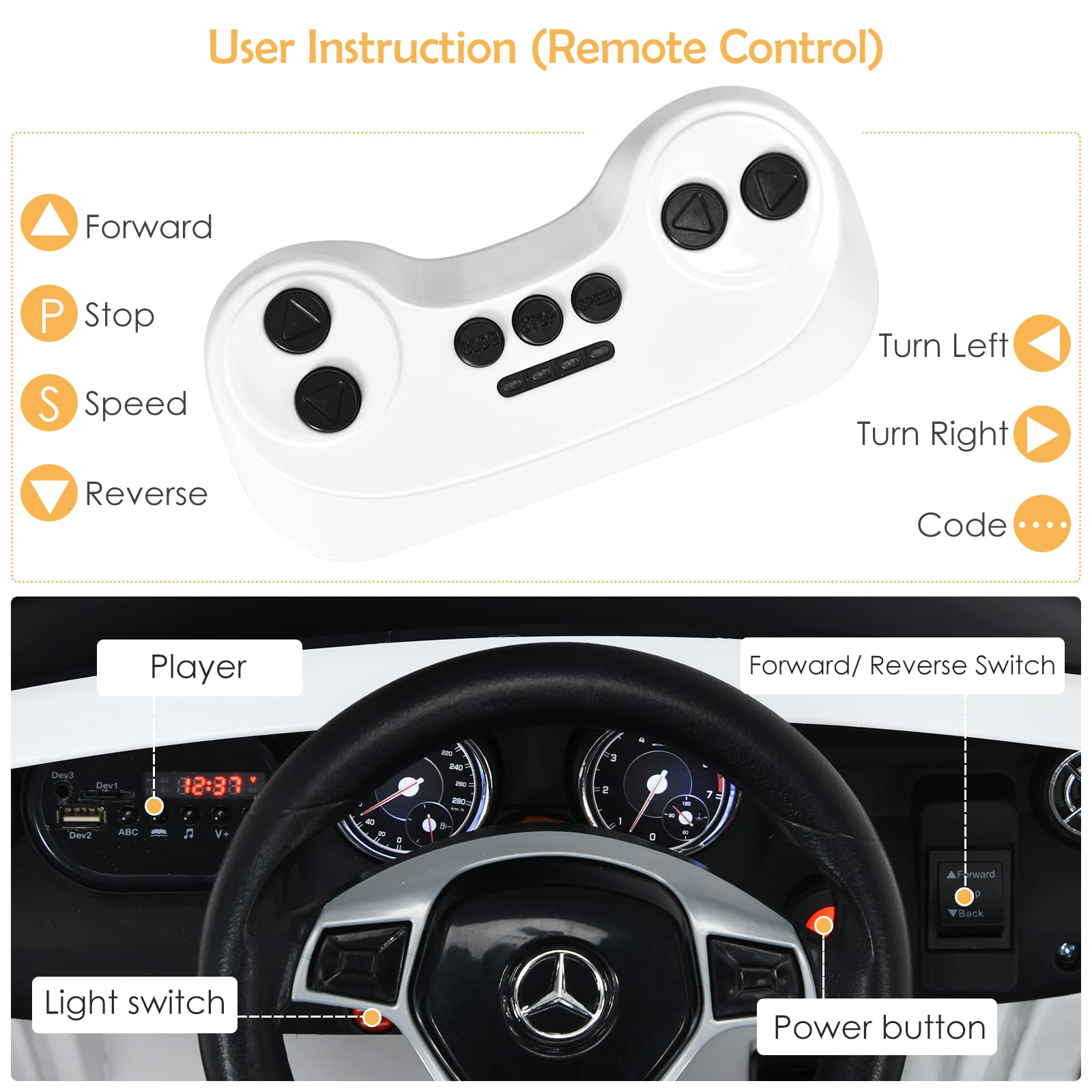 INFANS 12V Electric Kids Ride On Car - Licensed Mercedes Benz GLA45 Toy Car with Parent Remote Control, MP3 Player, USB Port, 2 Speed Modes & LED Lights - Battery Powered Toy Vehicle for Toddlers & Children (White) - Perfect for Birthday Gifts, Outdoor Play & Indoor Fun