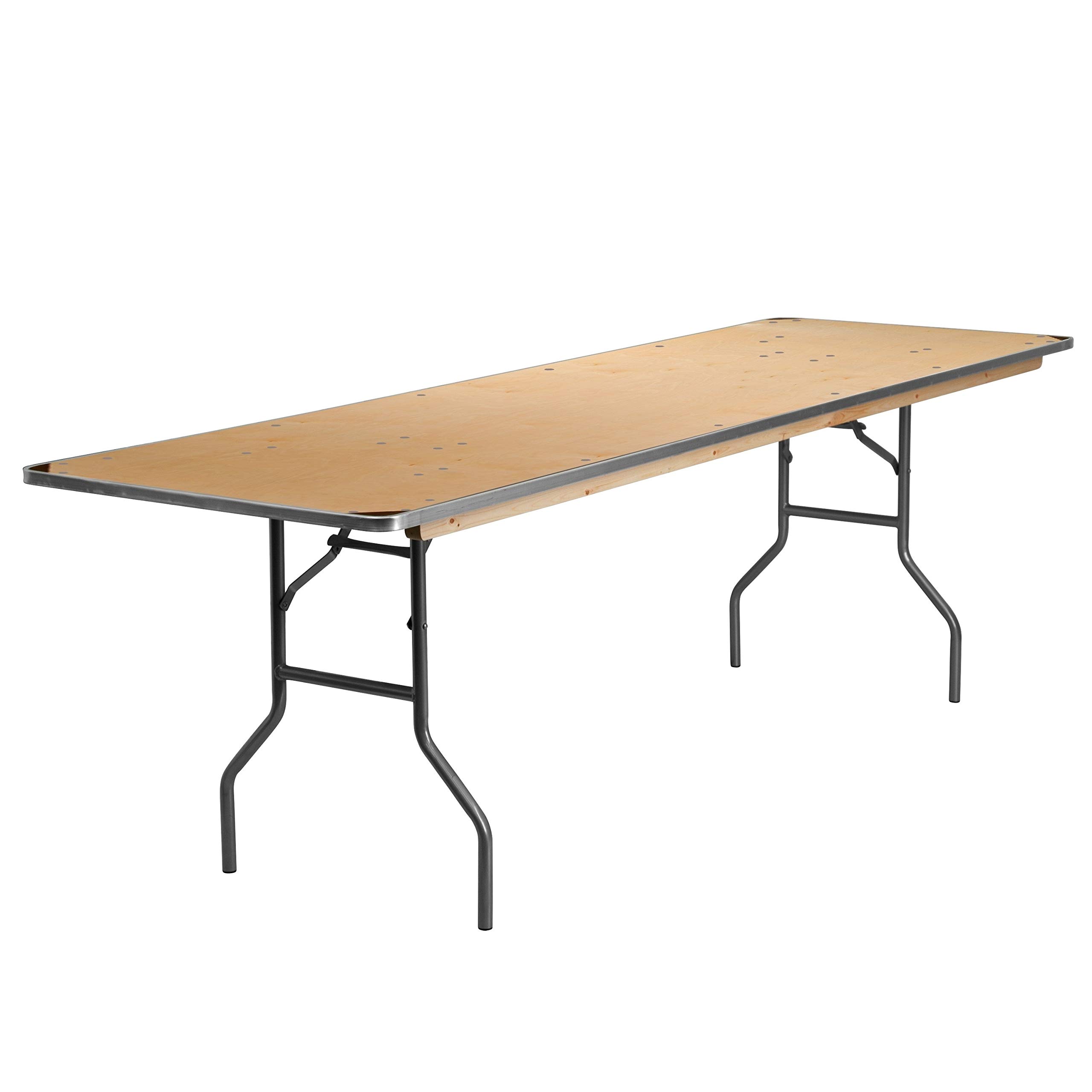 Flash Furniture Fielder 8-Foot Rectangular Birchwood Folding Table - Portable Banquet & Event Table with Natural Wooden Top (Silver Frame) - Perfect for Parties, Weddings, Picnics & Outdoor Events