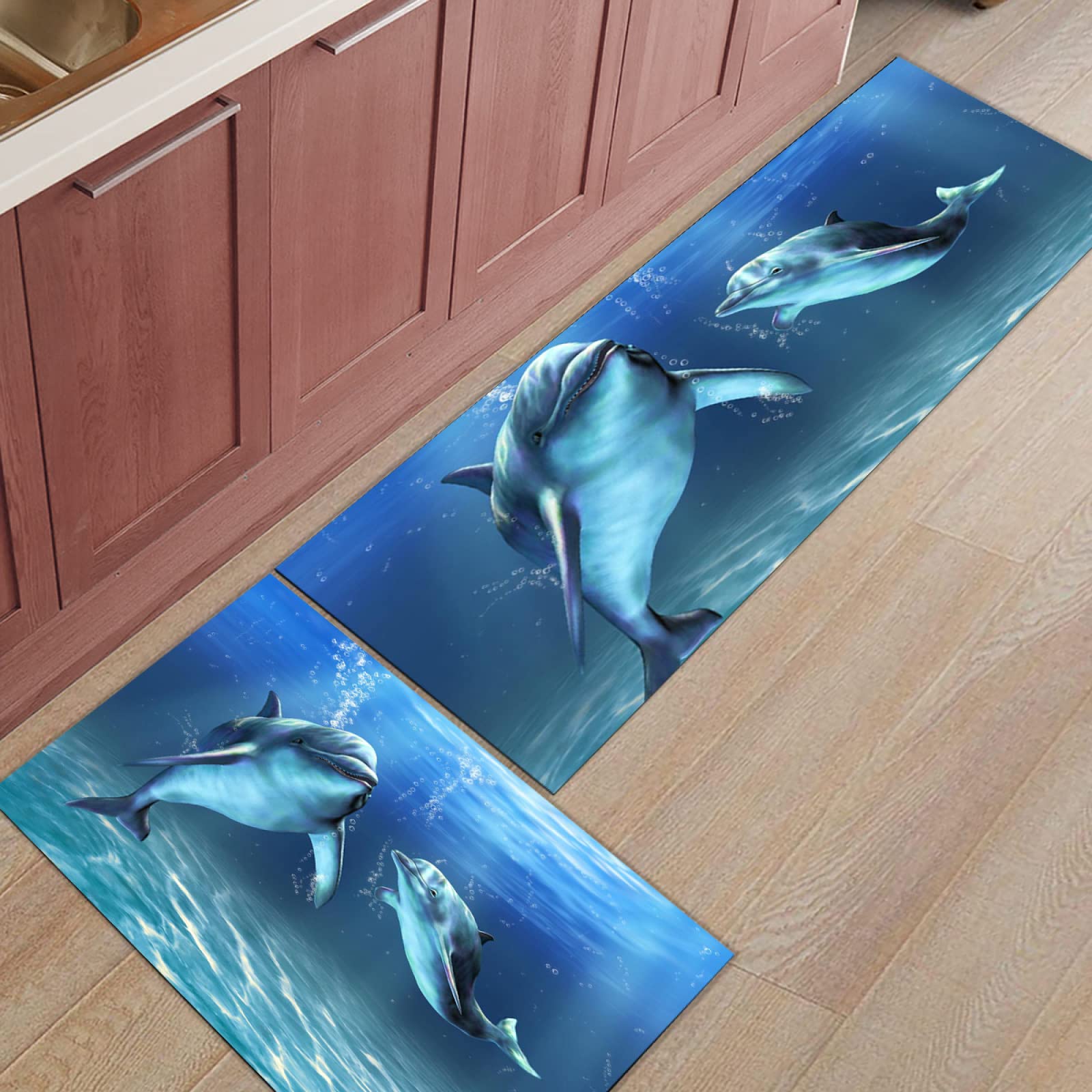 Non-Slip Kitchen Rug and Mat Set of 2 - Soft Dolphin Themed Runner Rugs for Entryway, Kitchen & Bedroom (19.7