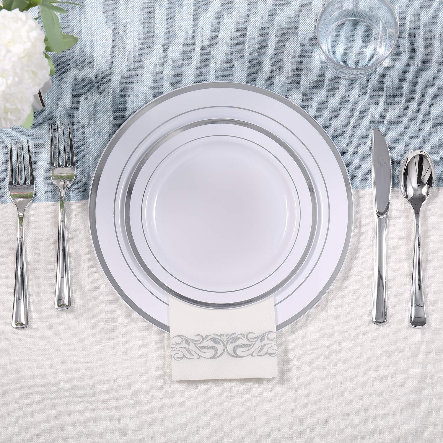 FOCUSLINE 350 Silver & White Heavy Duty Disposable Dinnerware Set for 50 Guests - 50 Dinner Plates, 50 Dessert Plates, 50 Cups, 50 Napkins & 50 Silverware Utensils - Perfect for Weddings, Parties, Catering & Large Events