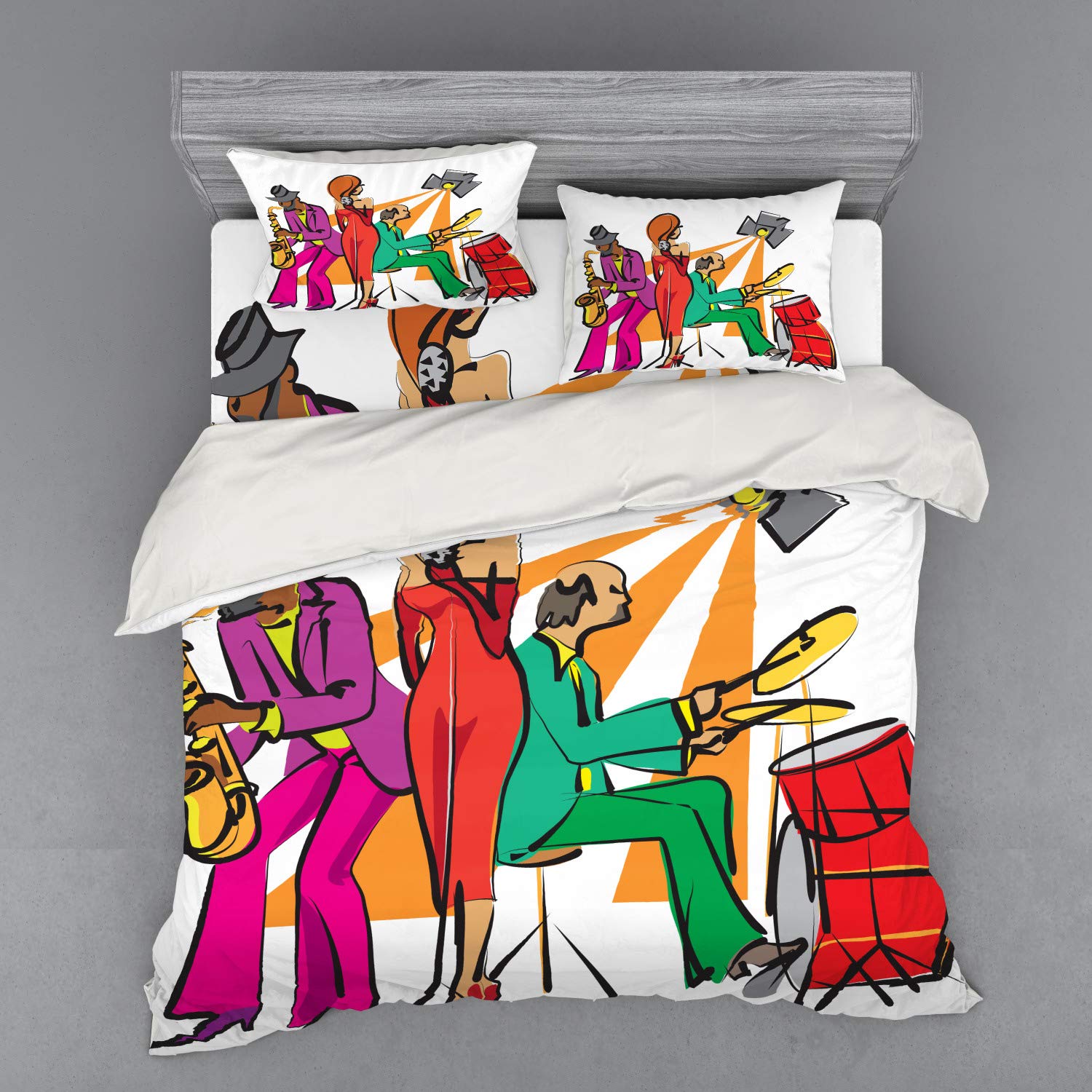 Ambesonne Jazz Band Music Bedding Set - 4 Piece King Size Duvet Cover with Shams & Fitted Sheet, Neon Art Print Featuring Stage Performers - Perfect for Music Lovers' Bedroom Decor & Themed Guest Rooms