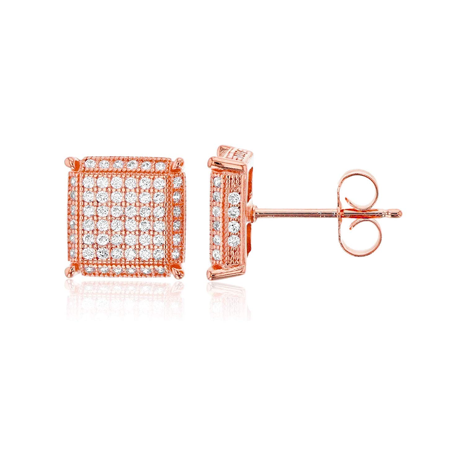 Sterling Silver 8x8mm Micropave 3D Square Stud Earrings for Women - Sparkling Cubic Zirconia CZ Wedding, Party & Everyday Jewelry Gift