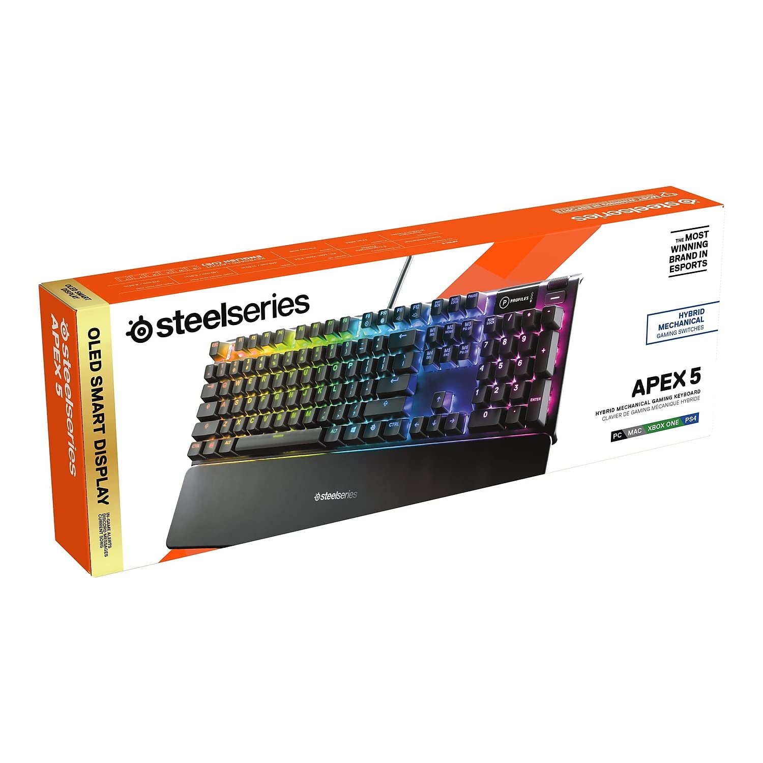 SteelSeries Apex 5 Hybrid Mechanical Gaming Keyboard - RGB Backlit, Aircraft-Grade Aluminum Frame, OLED Display (Blue Switch) - Perfect for PC Gaming, Esports & Office Work