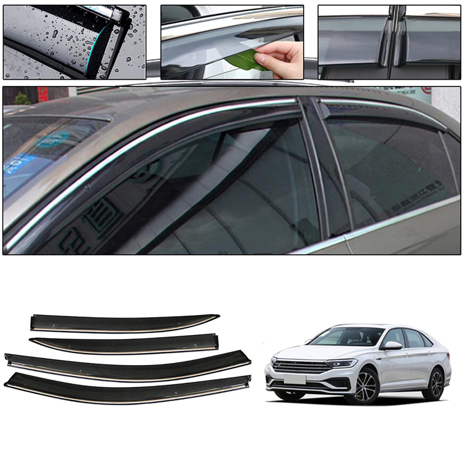 **2019 Volkswagen Jetta Side Window Deflectors - 4-Piece Durable Rain Guards & Vent Visors | Aerodynamic Design, Acrylic Material | Perfect for Rain Protection & Improved Airflow**    *(Use Cases: Keep rain out while driving, reduce wind noise, enhance cabin ventilation, and protect window seals from wear.)*