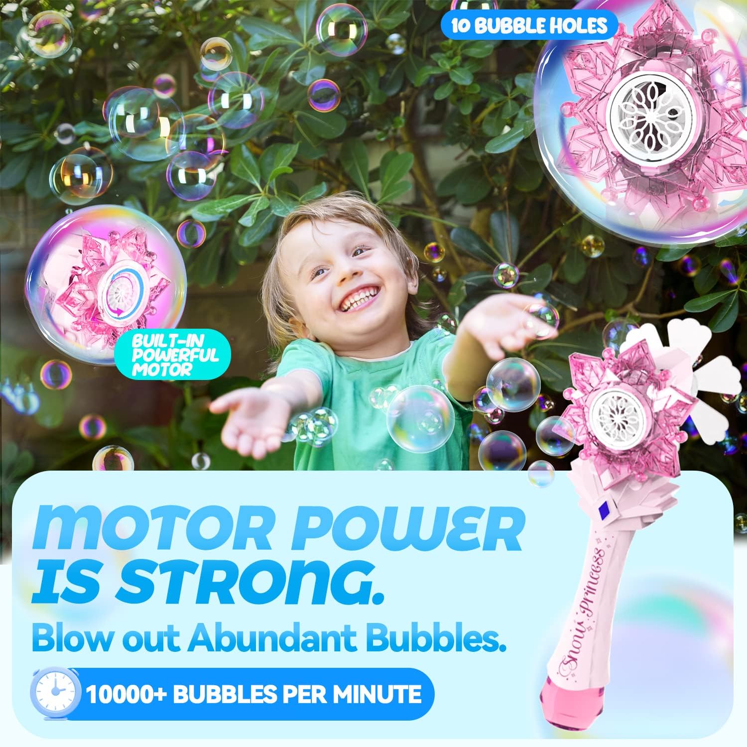 BELLOCHIDDO Princess Magic Wand Automatic Bubble Blower - Light Up Musical Snowflake Bubble Machine with Windmill & Bubble Solution, Frozen-Themed Birthday Gift for Girls (Perfect for Outdoor Play, Parties & Disney Princess-Themed Events)