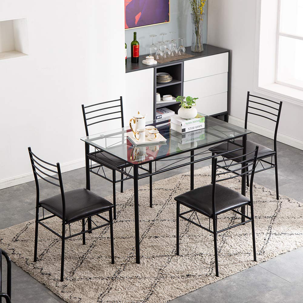 Modern Black Wrought Iron Dining Table Set with Glass Top & 4 PU Cushioned Chairs - 43.31