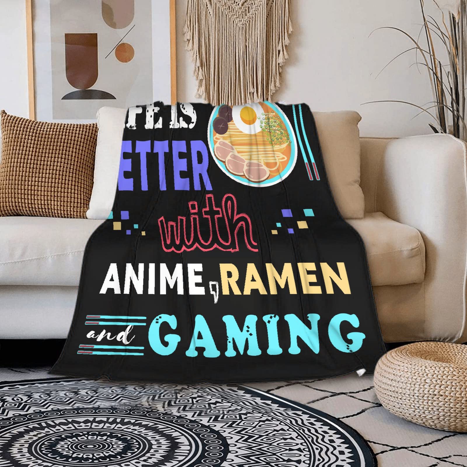 Soft Plush Anime Ramen Throw Blanket - 80 x 60in Large Flannel Blanket for Adults & Gamers - Perfect for Gaming Rooms, Bed Decor & Anime Lovers Gift