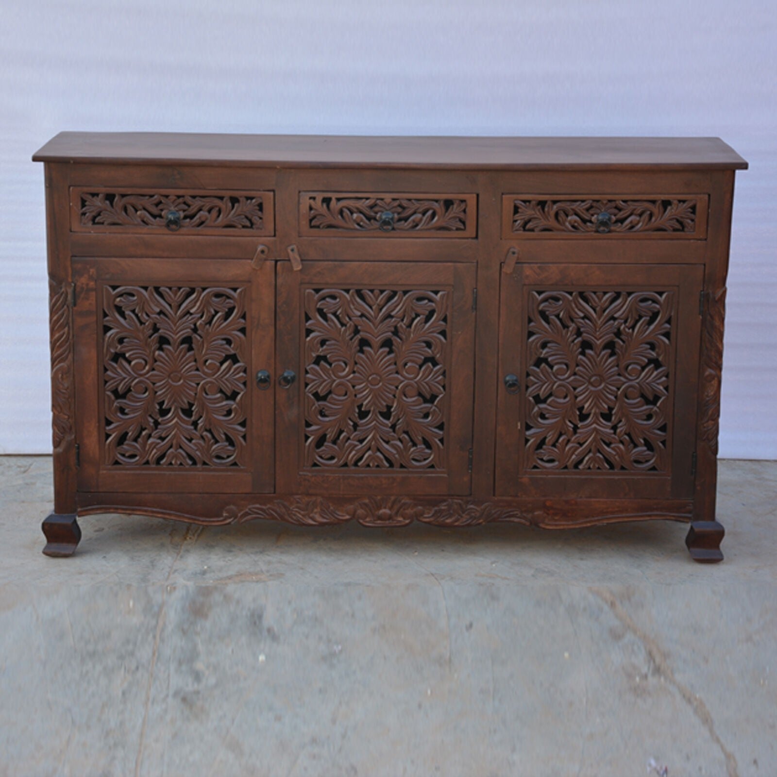 Solid Wood Carved Jali Door Sideboard - Handcrafted Brown Cabinet for Living Room & Dining Room Storage | Traditional Indian Furniture for Home Decor