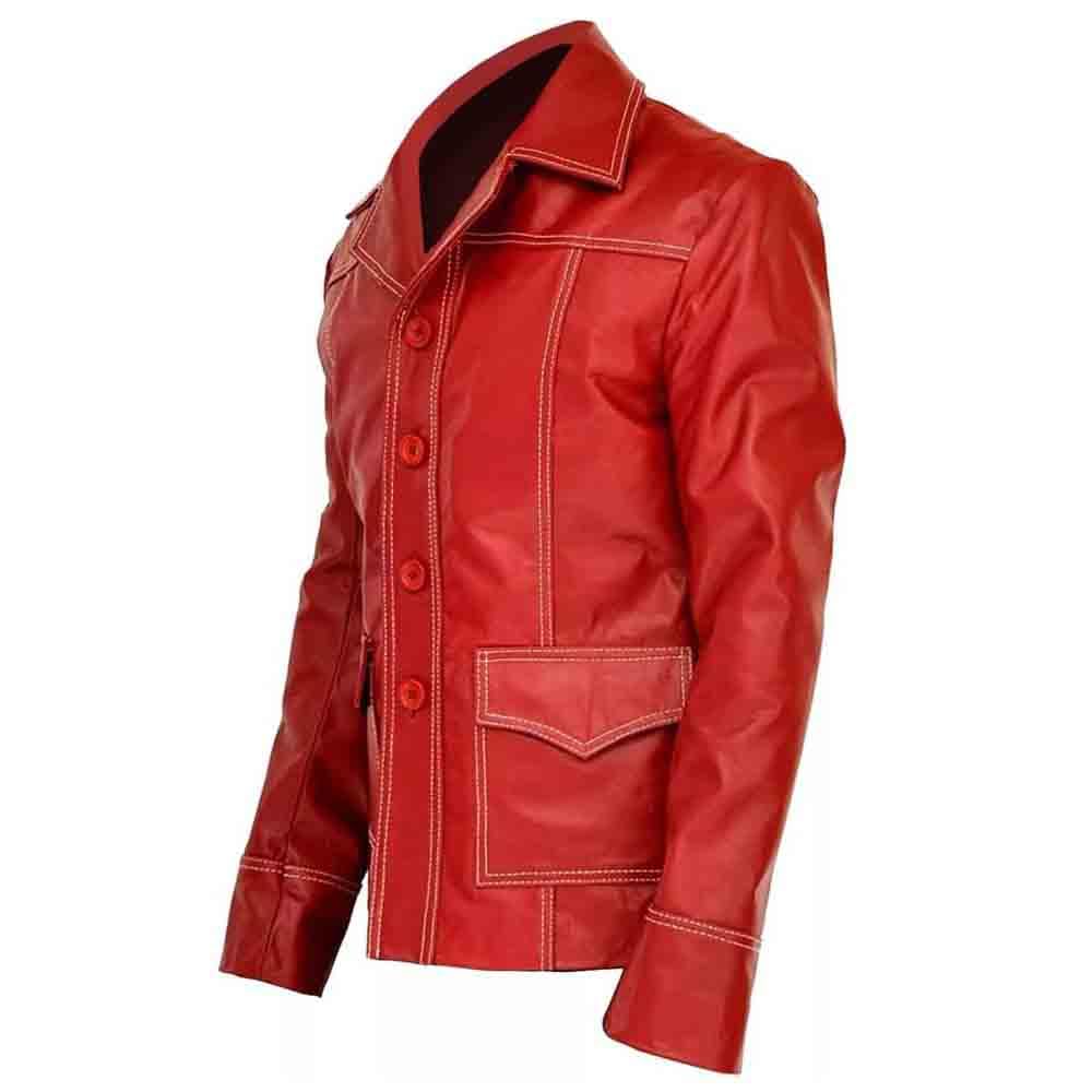 Fight Club Brad Pitt Tyler Durden Red Real Leather Jacket FC Coat - Stylish Movie Replica for Cosplay, Halloween & Streetwear Fashion