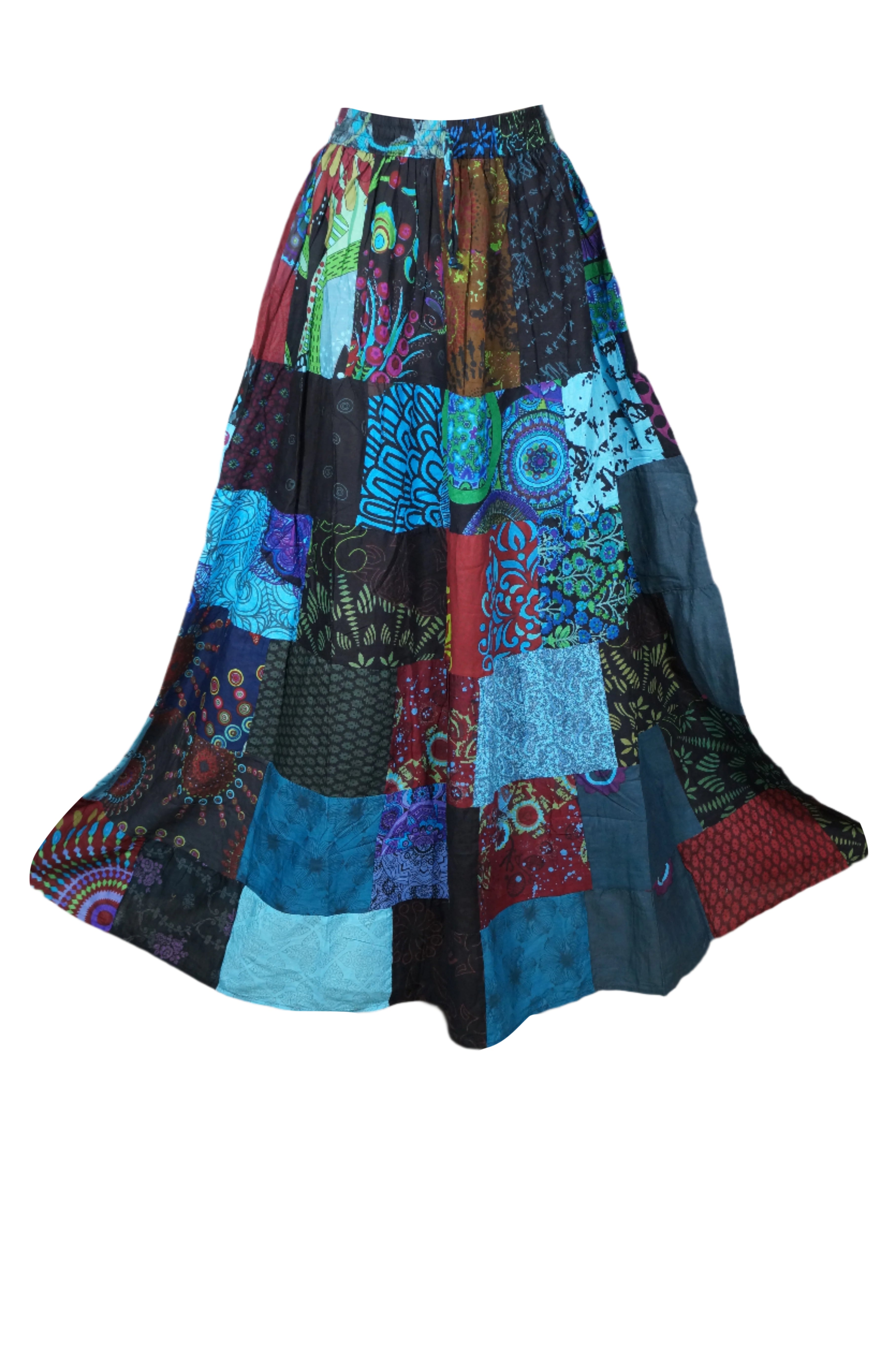 Boho Women's Blue Patchwork Cotton Maxi Skirt - Lightweight Flowy Summer Beach Skirt for Women | Casual Boho Chic Dress, Vacation Outfit, Music Festival Attire