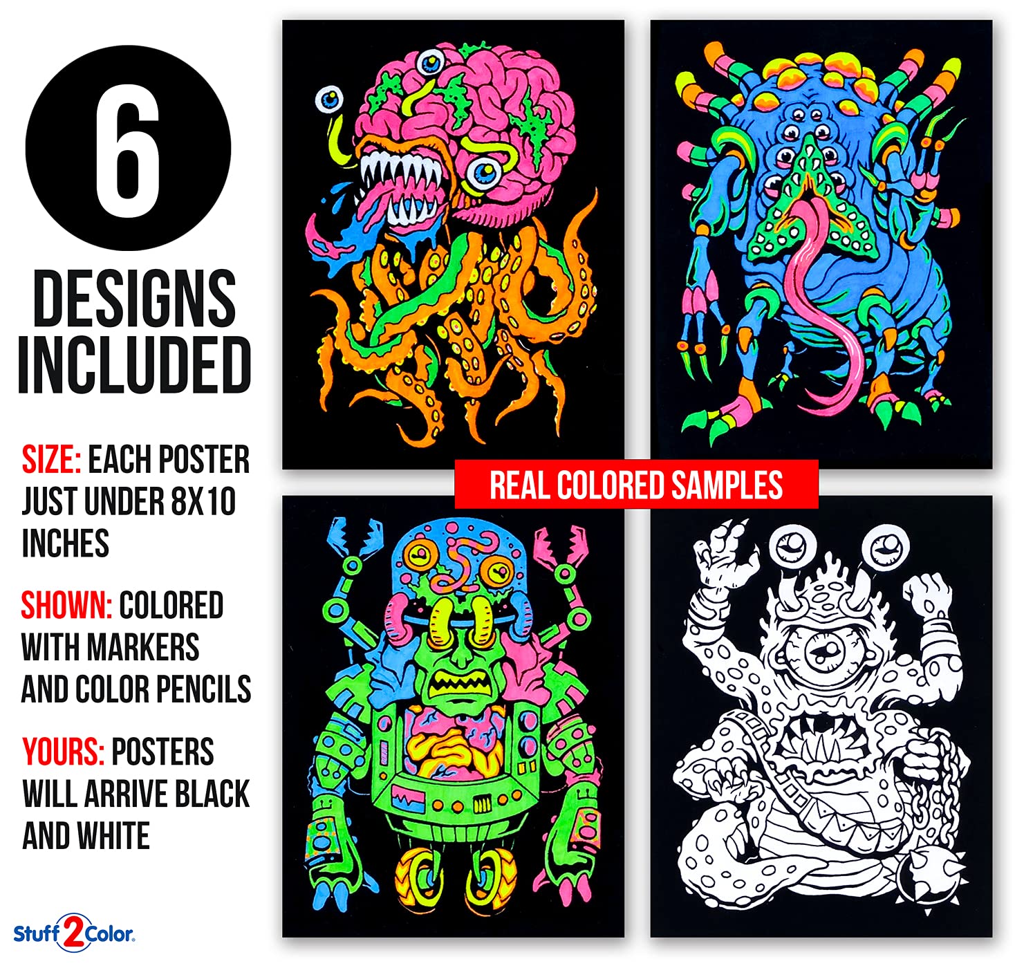 Stuff2Color Monsters - 6 Pack Fuzzy Velvet Coloring Posters for Kids & Adults - Unfinished DIY Art Craft Kit - Perfect for Birthday Parties, Classroom Activities & Family Bonding Time