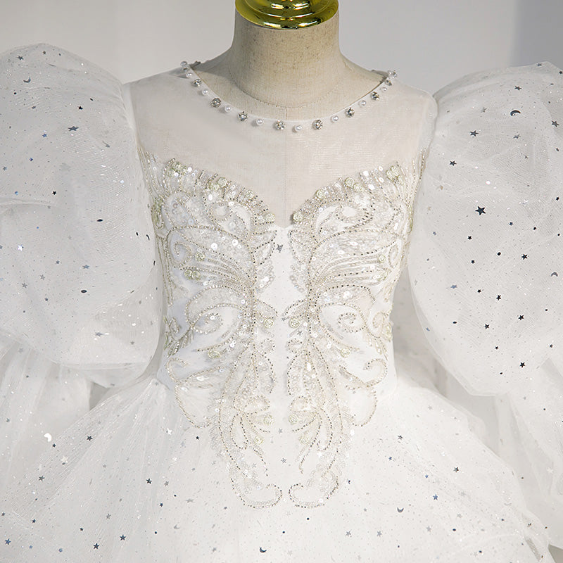Sparkling White Tulle & Sequined A-Line Flower Girl Dress with Puff Sleeves - Perfect for Weddings, Baptisms & Special Occasions