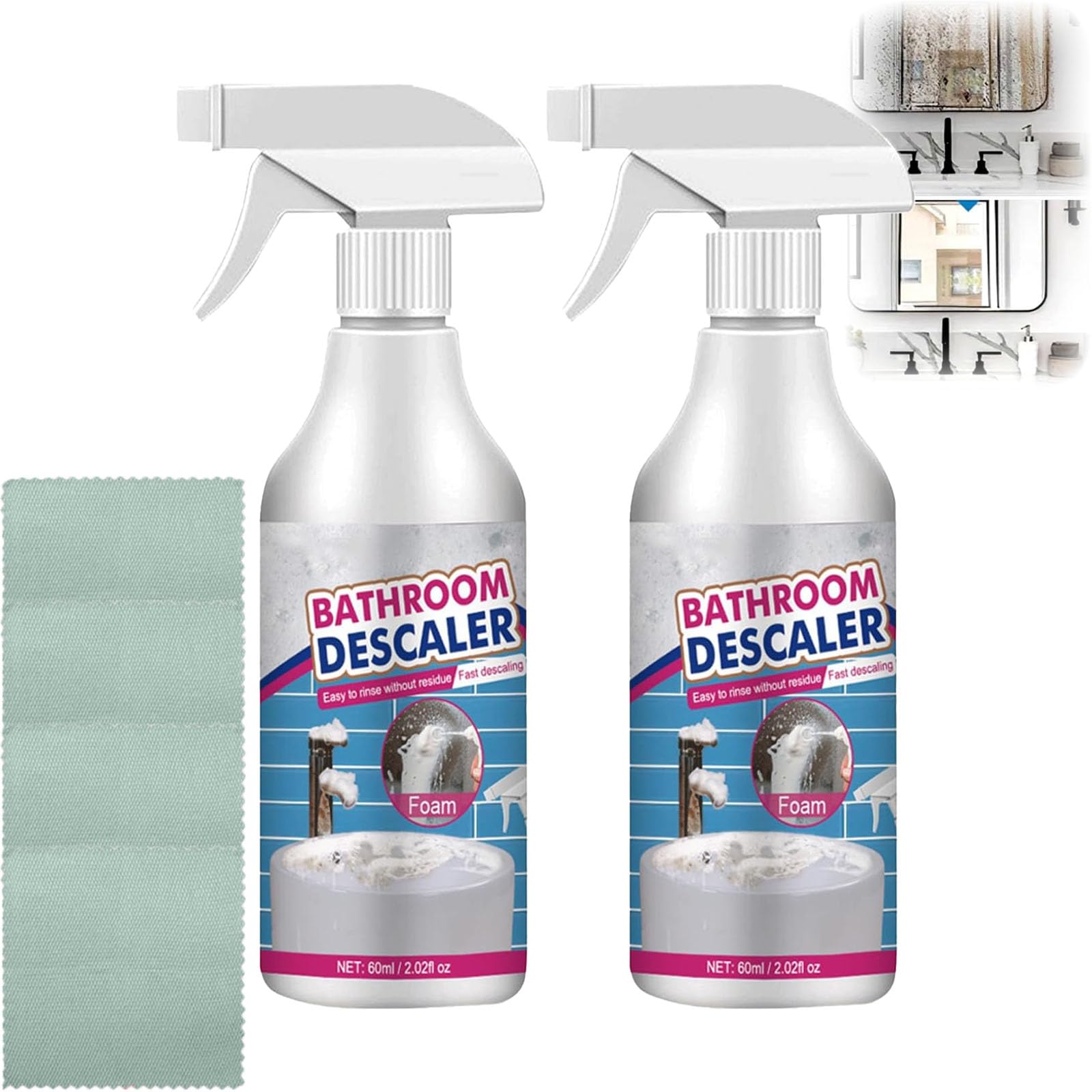 XKrmp Multipurpose Bathroom Foam Cleaner Spray - Powerful Stubborn Stain Remover for Tiles, Sinks & Showers - 60ml Foaming Cleaner (2-Pack) - Ideal for Bathroom, Kitchen & Household Cleaning