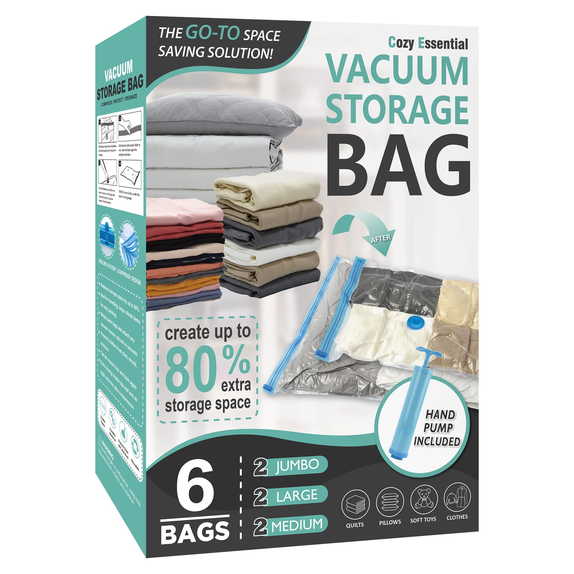 6 Pack Vacuum Storage Bags with Hand Pump - Space Saving Compression Bags (2 Jumbo/2 Large/2 Medium) for Comforters, Blankets & Clothes Storage | Ideal for Travel, Seasonal Organizing & Home Decluttering
