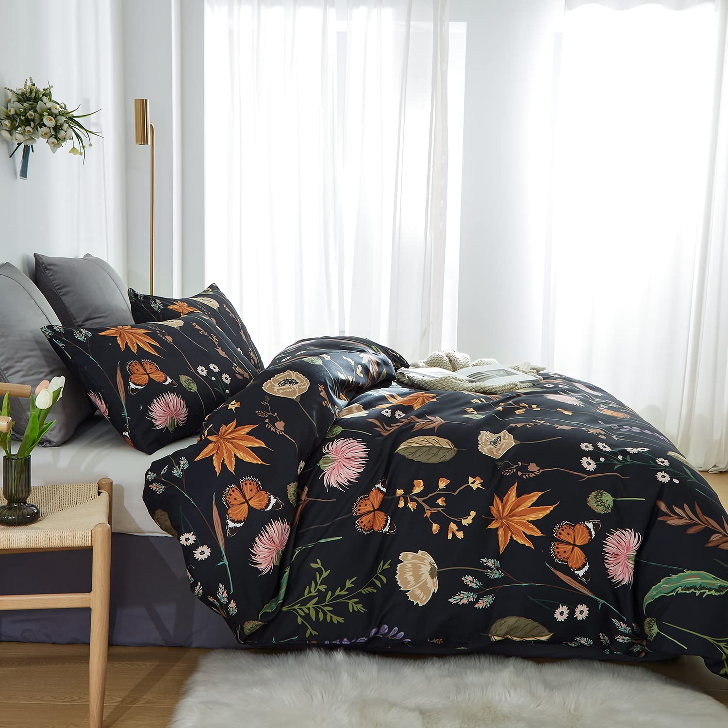 Floral Duvet Cover Set Twin - Black & Pink Botanical Print with Yellow Butterflies | 3-Piece Soft Microfiber Bedding Set with Zipper Closure | Perfect for Teen Rooms, Guest Bedrooms & Boho Chic Decor