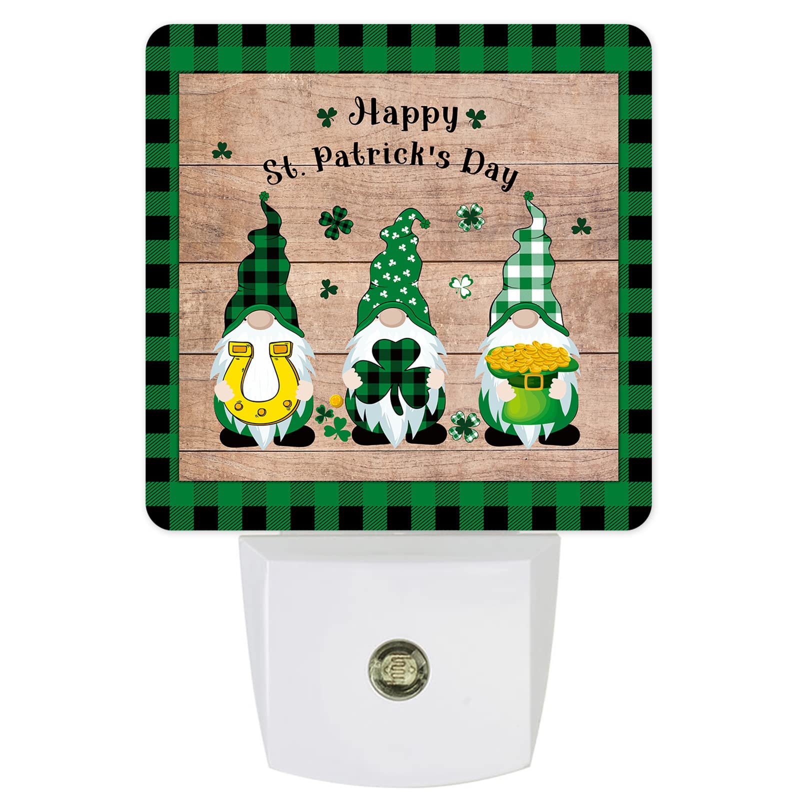 LED Night Light Plug-in with Auto Sensor, St. Patrick's Day Gnome Night Lamp with Lucky Shamrock & Gold Coin - Wood Grain Square Dim Light for Kids, Bedroom, Bathroom, Hallway - Perfect for Nighttime Safety & Holiday Decor