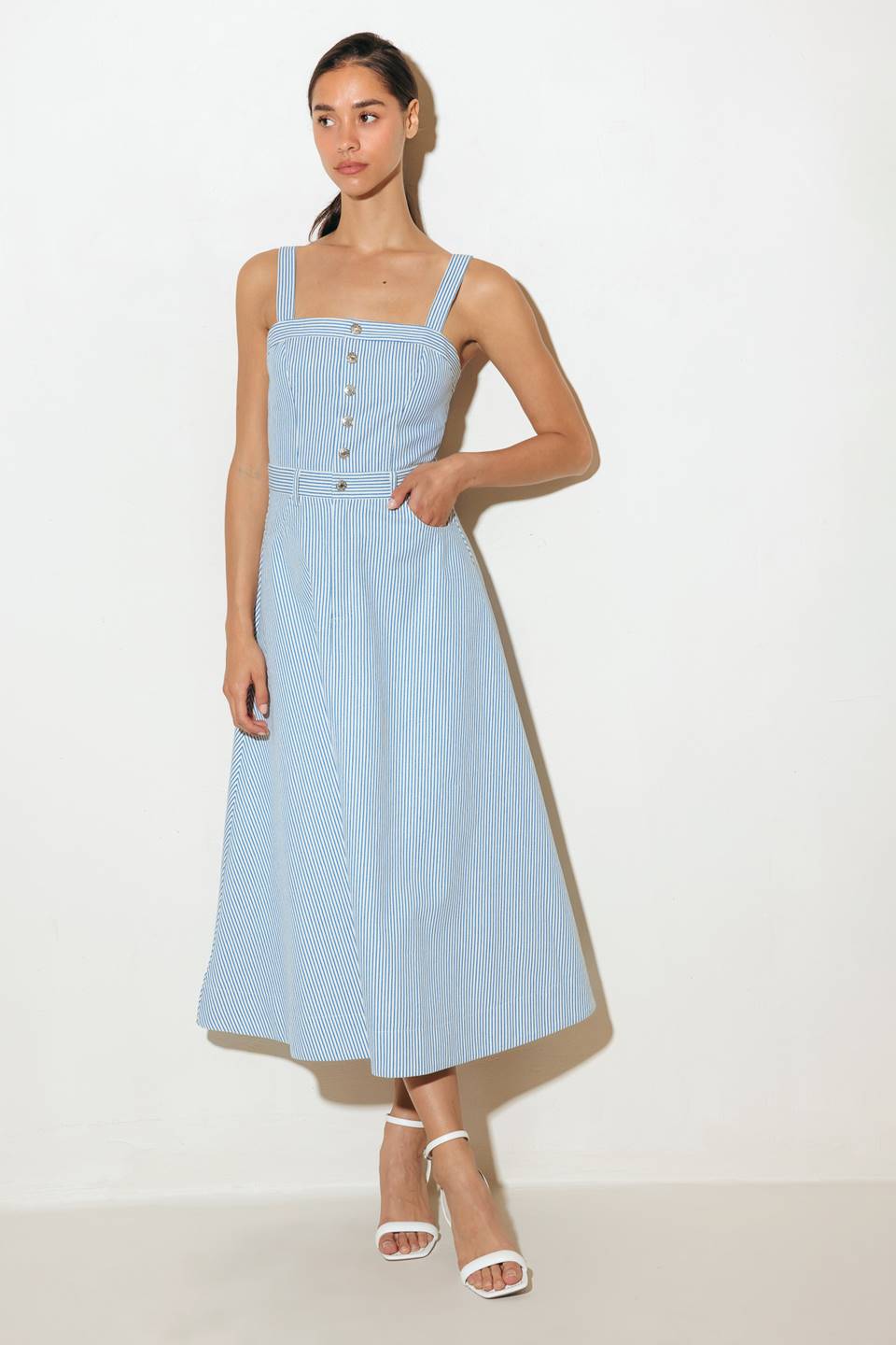 Carefree Days Blue Pinstripe Midi Dress - Perfect for Casual Outings, Office Wear & Summer Events