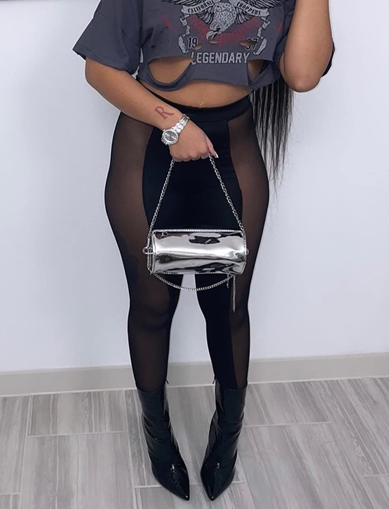 Sexy Sheer Mesh Leggings for Women - High Waist Elastic See Through Yoga Pants - Black Stretchy Casual Tights for Workout, Lounge & Night Out