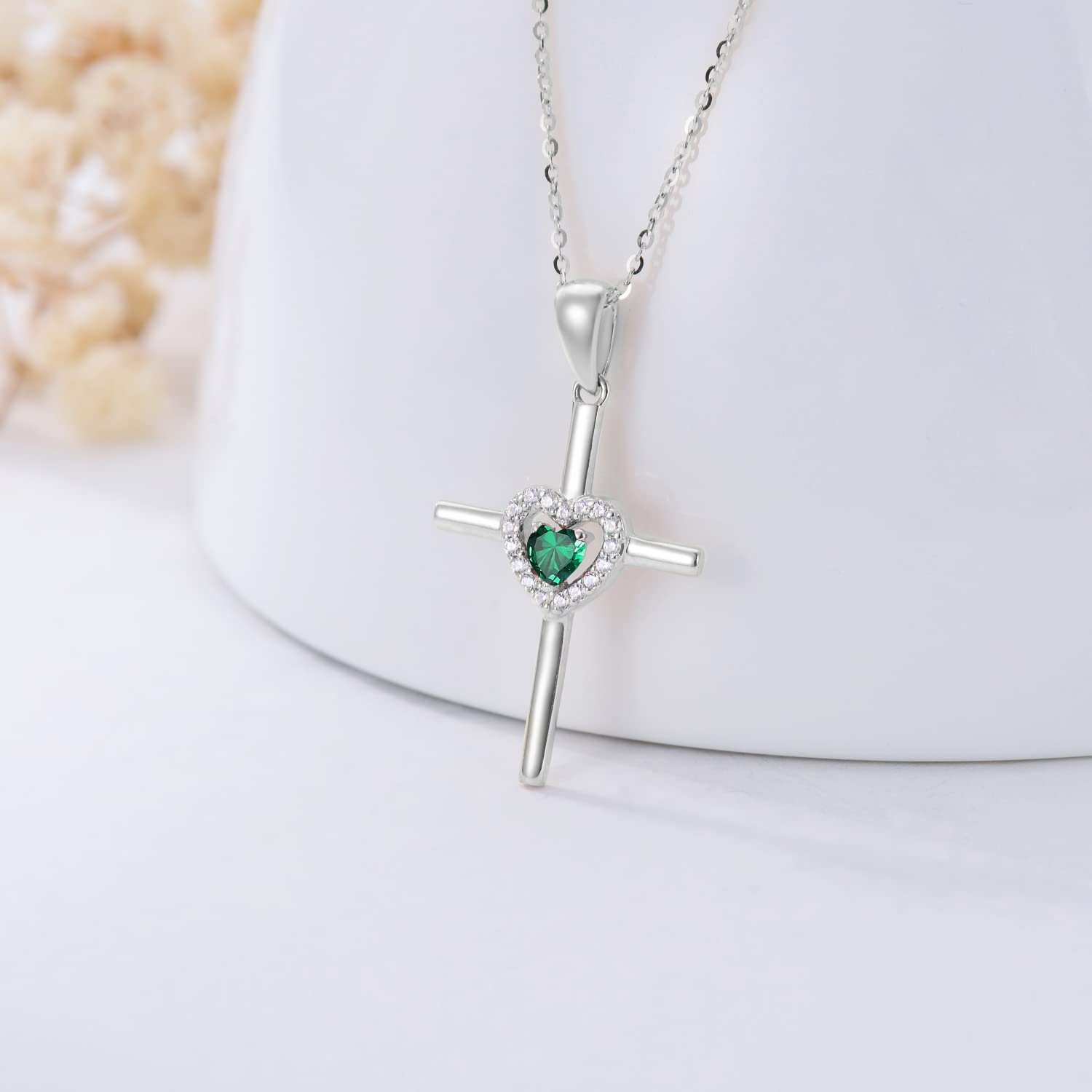 Sterling Silver Cross Pendant Necklace for Women with Heart Birthstone - Religious Jewelry Gift for Mom, Teen Girls - 18+2 Inch Chain - Perfect for Birthdays, Baptisms & Everyday Wear