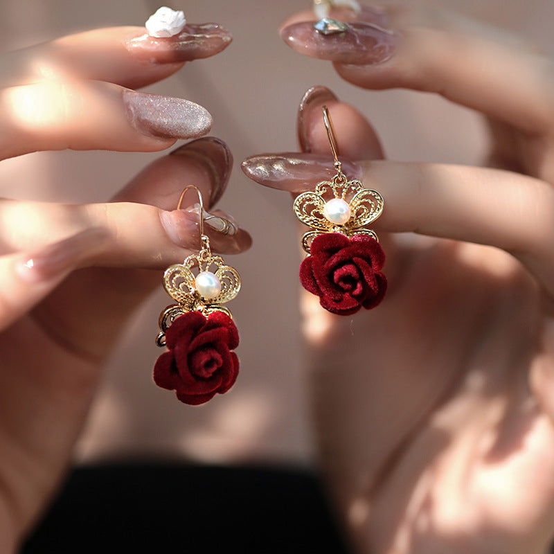 Elegant Red Fabric Rose Pearl Drop Dangle Earrings for Women | Vintage Floral Statement Jewelry | Perfect for Weddings, Parties & Special Occasions