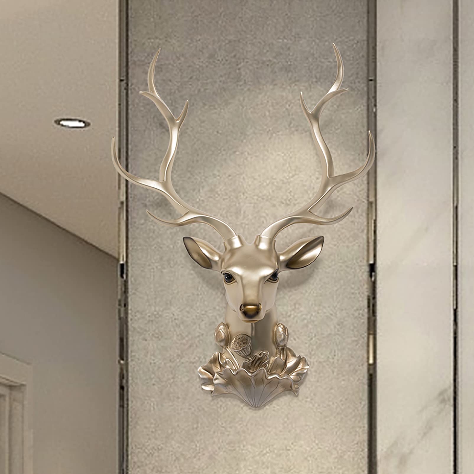 Faux Resin Deer Head Wall Decor - Gold Antler Wall Sculpture for Home, Bar & Office (44x61cm) | Elegant Animal Head Statue for Rustic, Hunting Lodge or Modern Interior Design