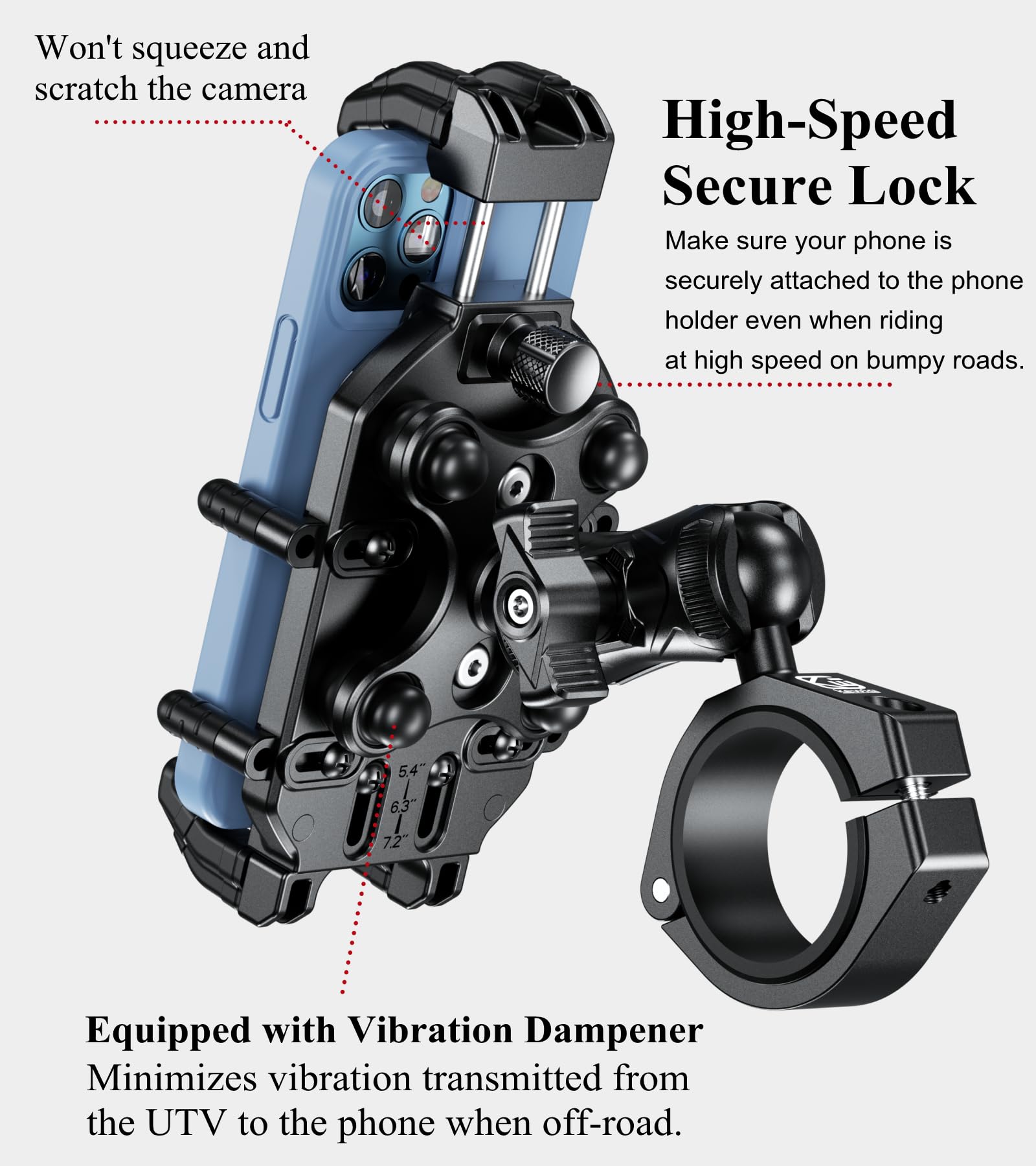 BRCOVAN Heavy Duty UTV Phone Mount with Vibration Dampener - Adjustable Anti-Theft Phone Holder for 1.5'' to 2'' Roll Cage Bars, Fits 5.4''-7.2'' Smartphones - Secure Lock for Off-Road, ATV, Motorcycle & Truck Use