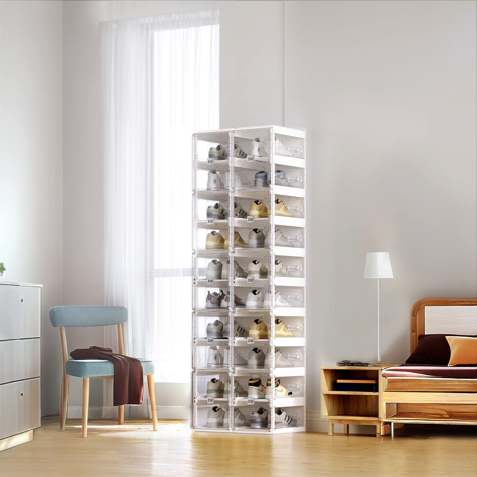 Foldable Shoe Rack Organizer - 10-Tier Stackable Plastic Shoe Storage Cabinet with Magnetic Clear Doors, Holds 20 Pairs - Space Saving Closet & Entryway Solution for Sneakers, Boots & Heels - Perfect for Small Apartments, Dorm Rooms & Mudroom Organization