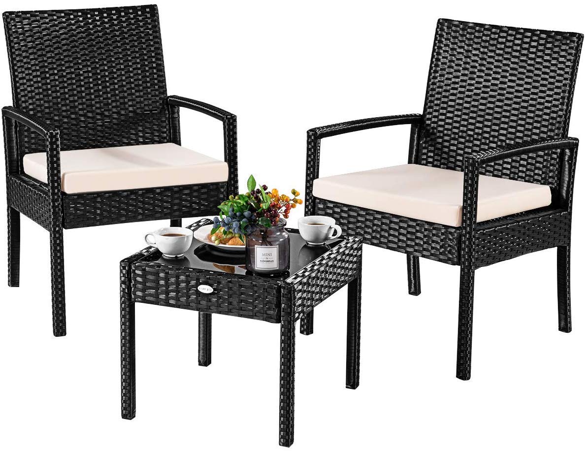 Casart 3-Piece Rattan Conversation Set - Outdoor Wicker Patio Furniture with Cushioned Seats & Tempered Glass Table - Perfect for Bistro, Garden, Backyard, Poolside & Patio Relaxation