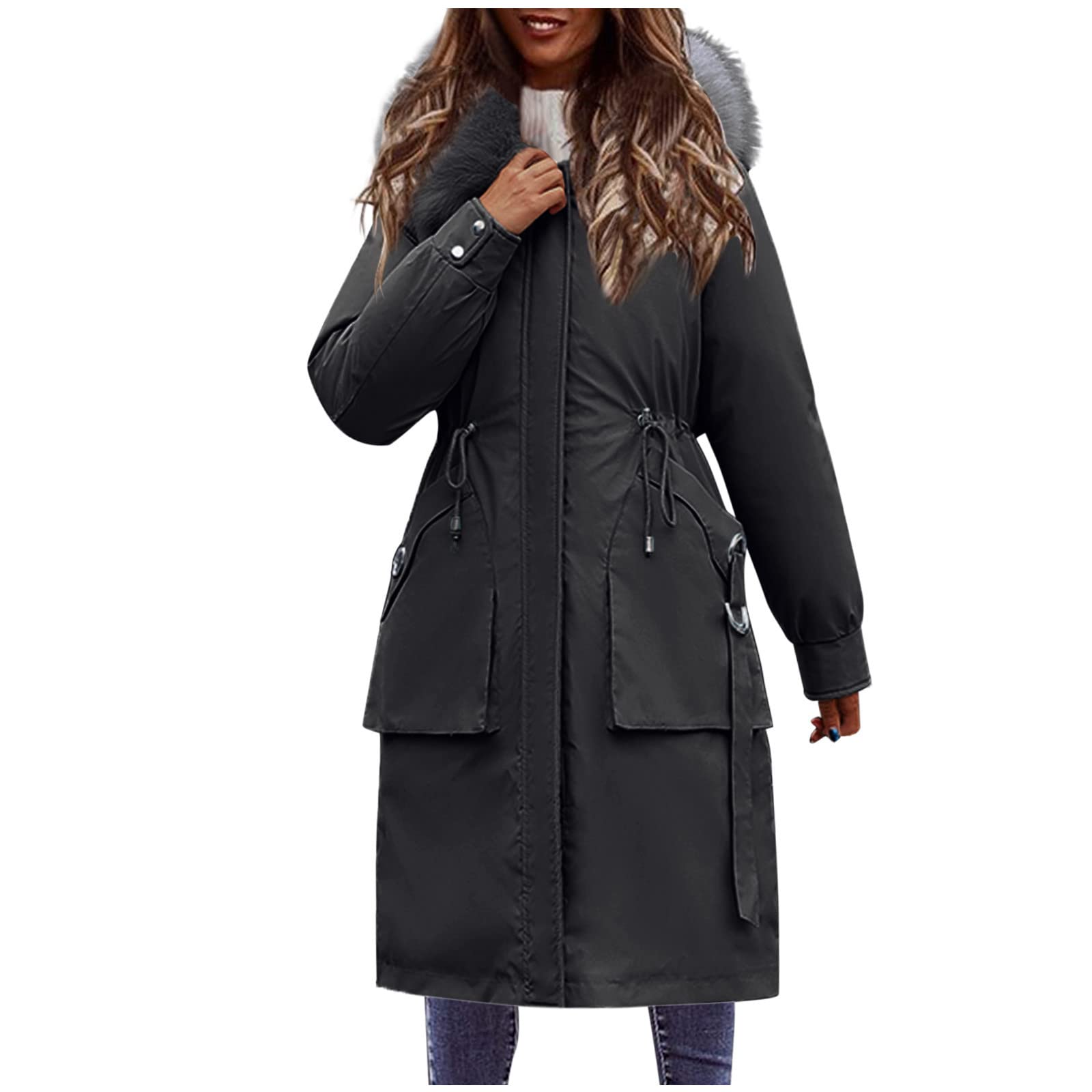 Women's Winter Down Padded Jacket - Mid-Length Waist Warm Coat with Hood & Solid Colors | Perfect for Cold Weather, Snow Activities & Daily Commute