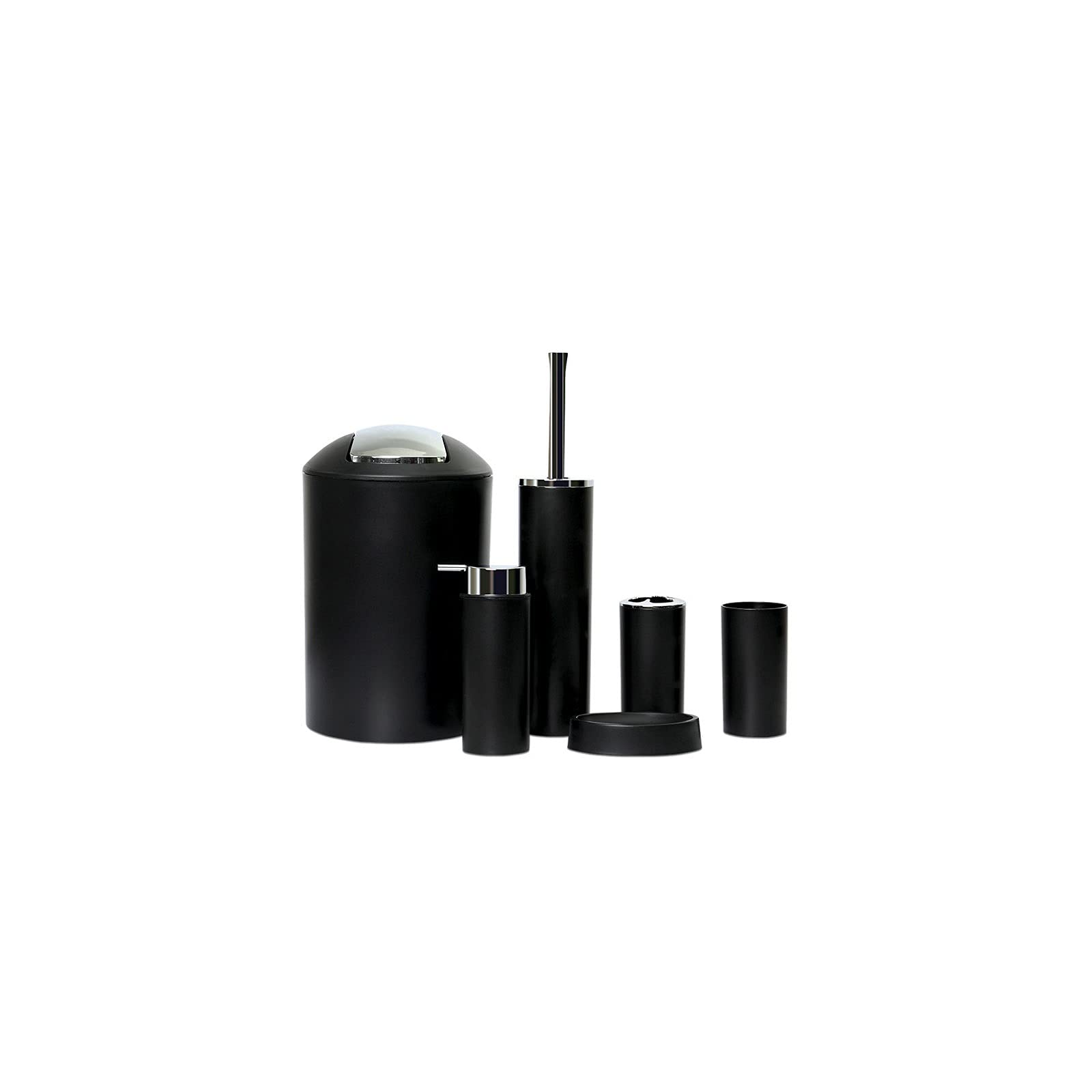 6-Piece Bathroom Cleaning Set - Toothbrush Holder, Soap Dish, Dispenser, Toilet Brush & Trash Can - Modern Black Bathroom Organizer for Home & Hotel Use