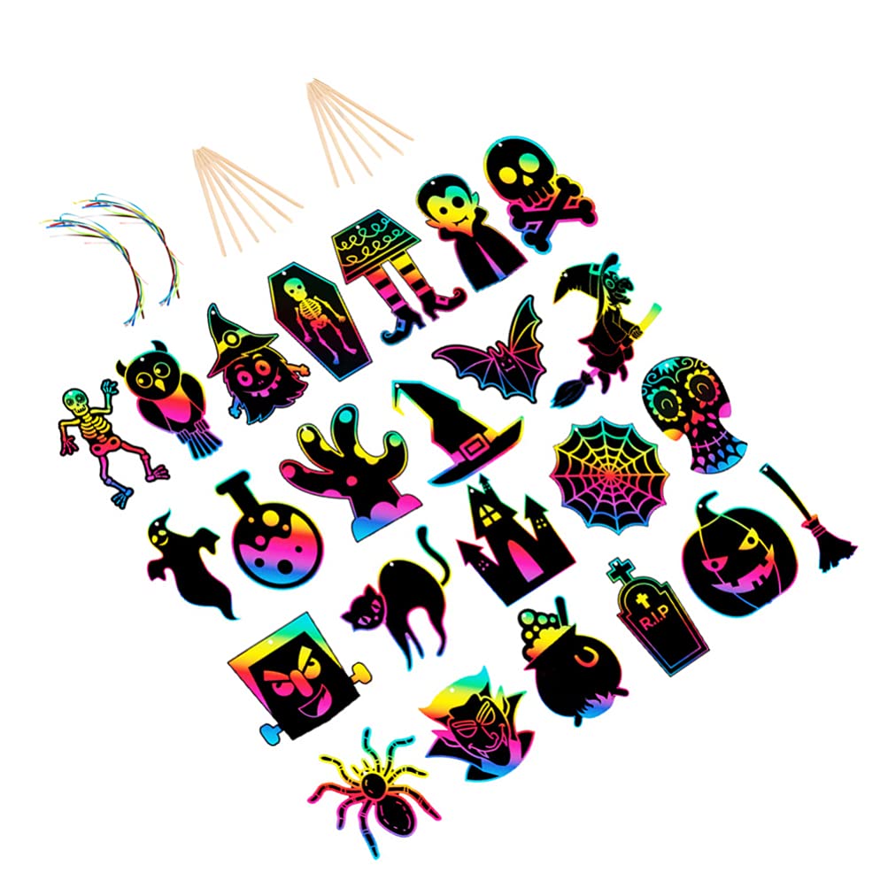 Bestoyard 60pcs Halloween Scratch Art Kit for Kids - Wooden Sticks & Colorful Scratch Paper - Fun Arts and Crafts Activity for Toddlers, Children - Perfect for Halloween Parties, Classroom Projects & Creative Play