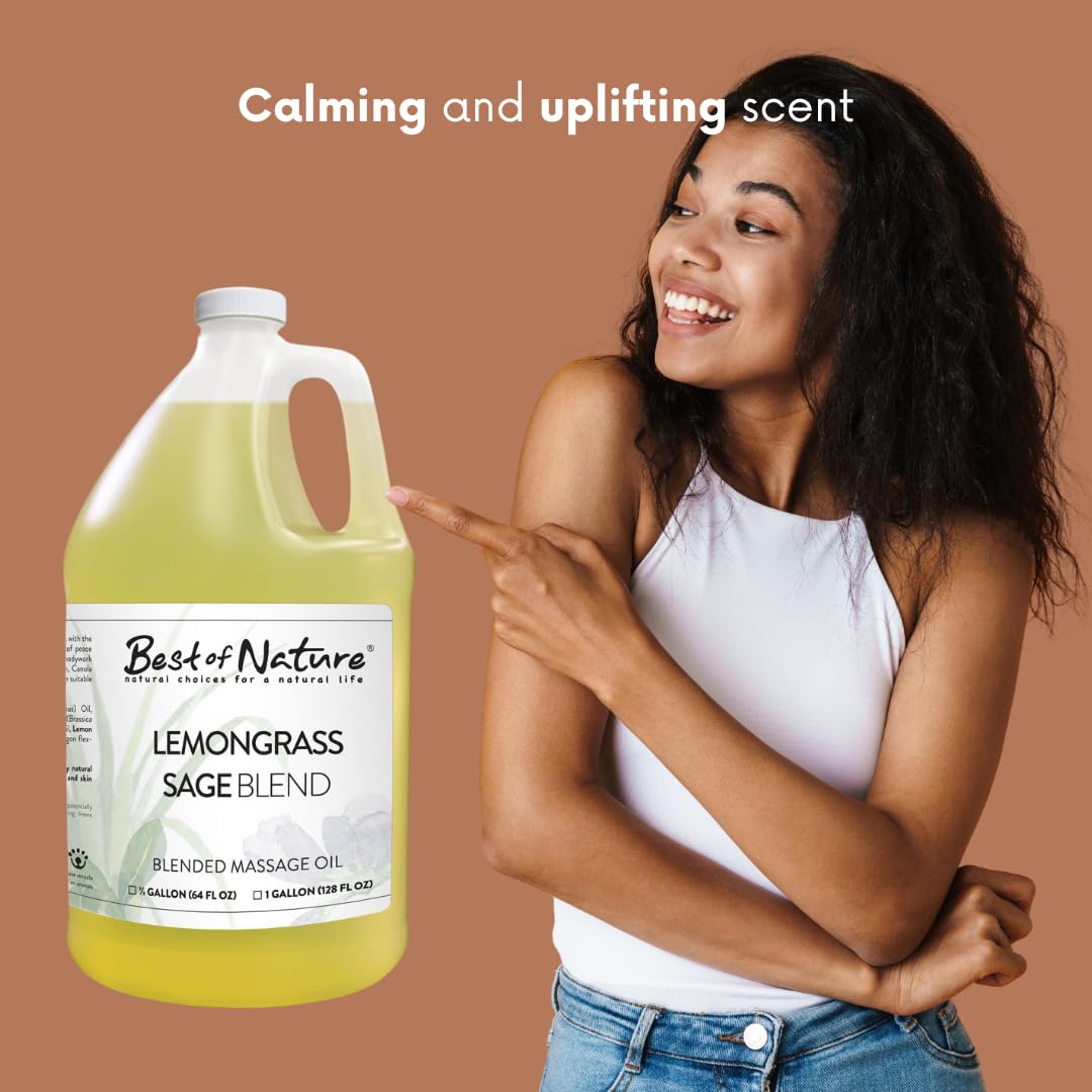 **Best of Nature Lemongrass & Sage Massage Oil – Non-Greasy Aromatherapy Body Oil for Relaxation, Skin & Face Care – Pure Essential Oils, 64 fl oz (Half Gallon) – Perfect for Spa, Yoga & Stress Relief**