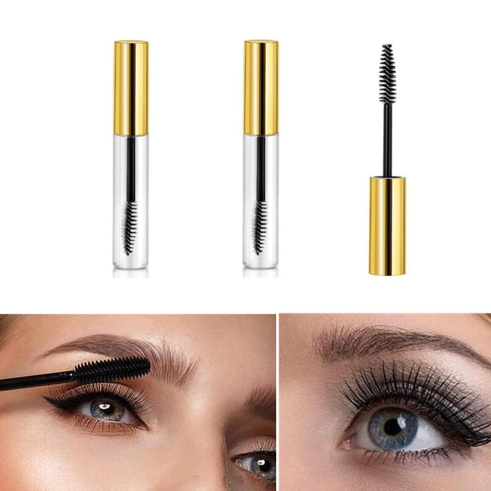 RAJry 2 Pack 10ml Empty Mascara Tubes with Wands - Refillable Eyelash Cream Containers with 2 Rubber Inserts (Gold) - Perfect for DIY Makeup, Travel & Salon Use