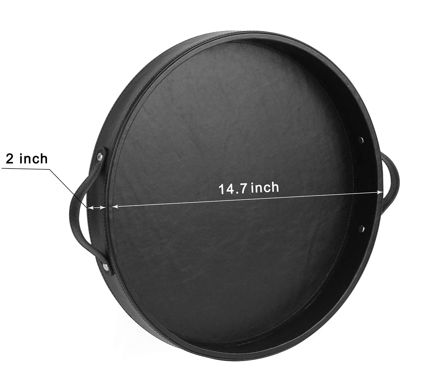 HofferRuffer 14.6-inch Round PU Leather Serving Tray with Handles - Decorative Vanity Catchall Tray, Coffee Table Tray for Home & Office (Black) | Perfect for Serving Drinks, Organizing Jewelry, or Displaying Decor