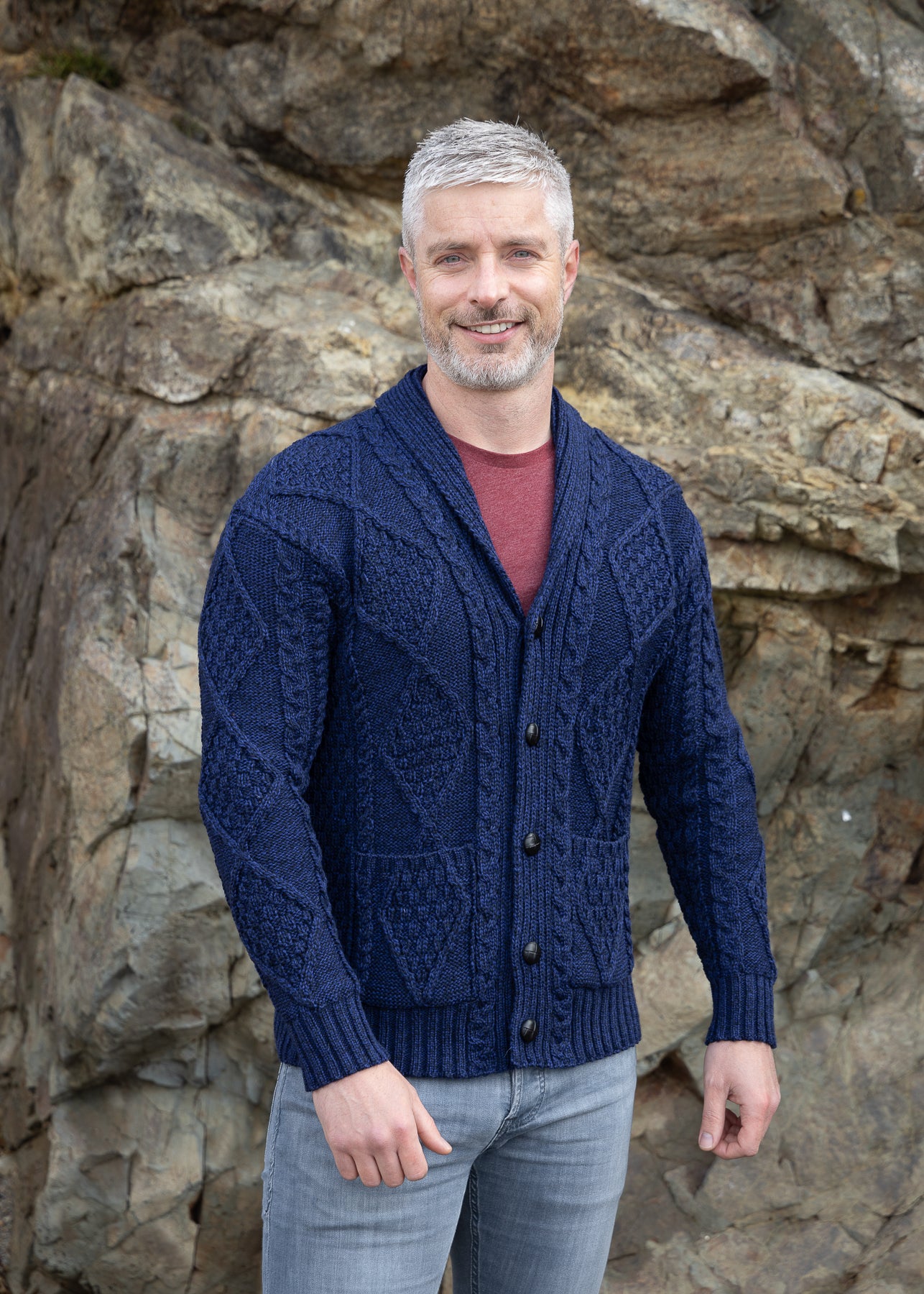 Aran Men's Shawl Collar Button Cardigan Sweater - Soft Wool Blend, Light Blue - Perfect for Casual Wear, Office & Winter Outfits