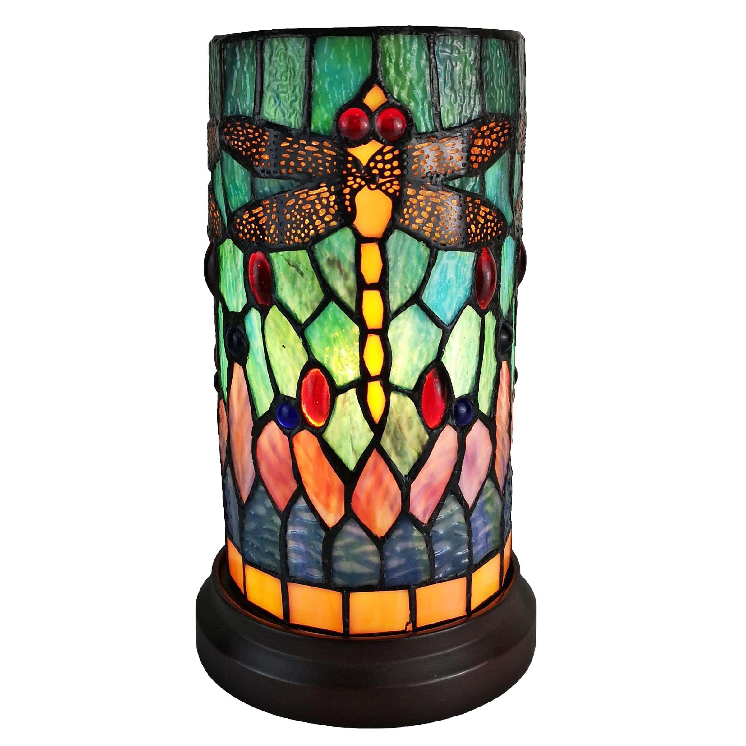 Amora Vintage Decorative Desk Lamp - 11” Tiffany Style Dragonfly Table Lamp with Mosaic Glass Shade - Small Accent Lighting for Bedroom, Office & Living Room Decor