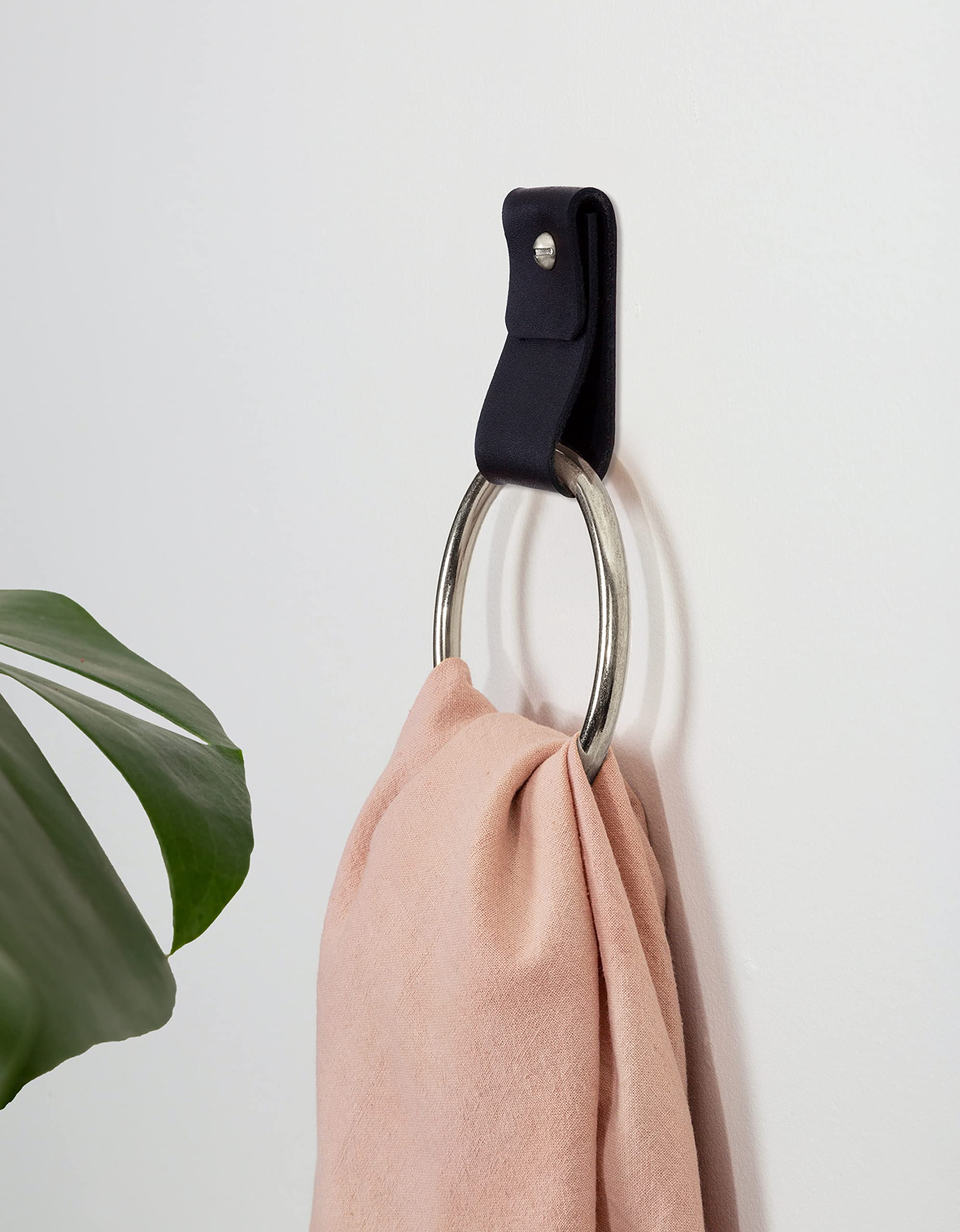 KEYAIIRA Small Wide Leather Wall Hook - Minimalist Steel Towel Ring, Wall Mounted Leather Loop Strap for Hand Towels, Bathroom Storage & Decorative Organizer - Perfect for Bathrooms, Kitchens, and Entryway Organization