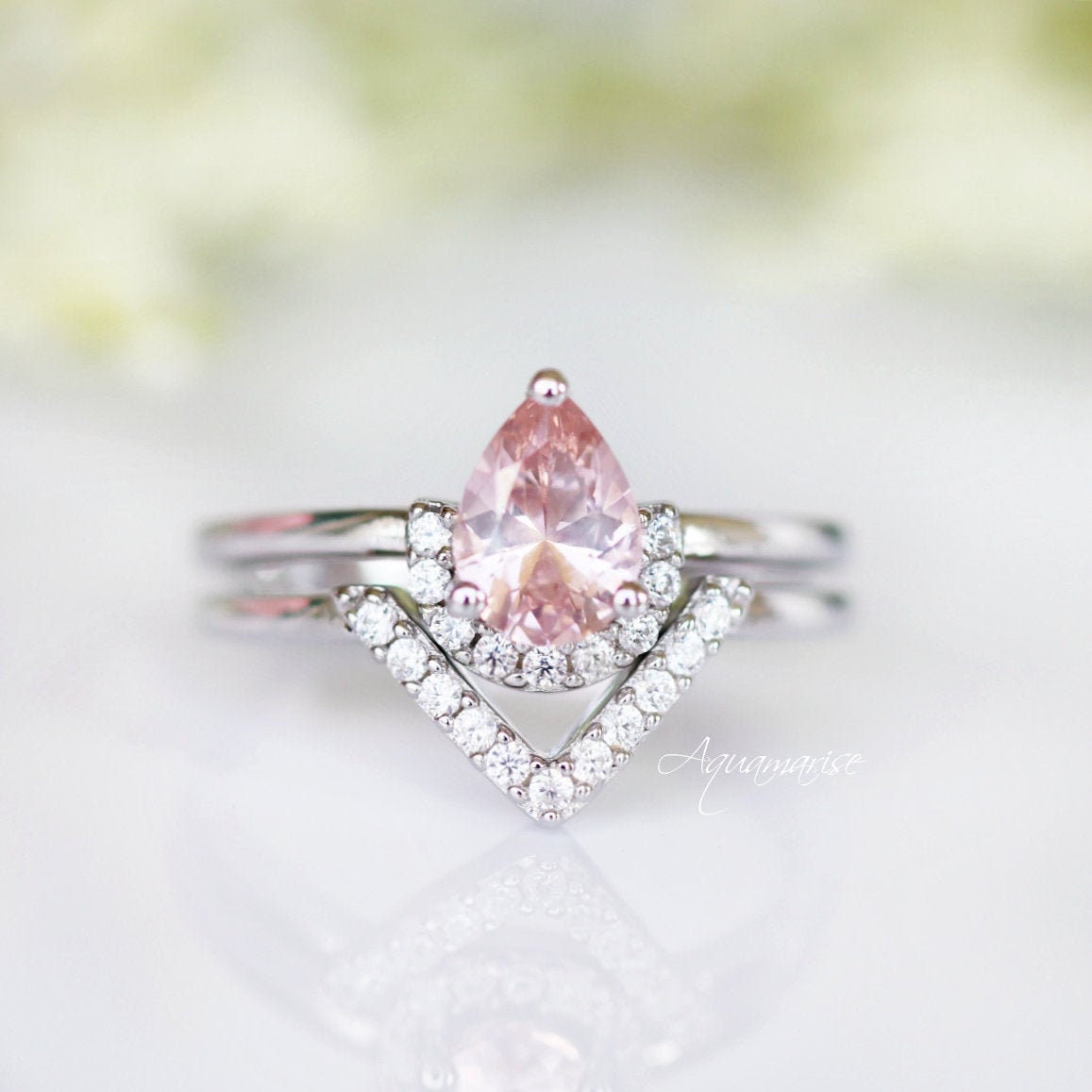 Aria Morganite Ring Set in Sterling Silver - Elegant Rose Gold Plated Wedding Band for Women, Perfect for Engagement, Anniversary & Valentine's Day Gifts