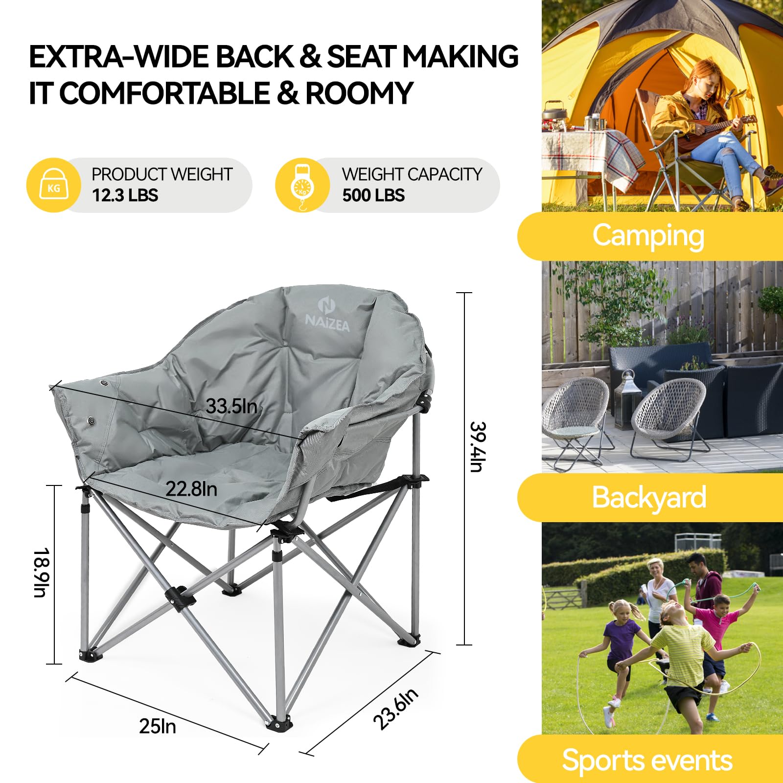 NAIZEA Oversized Heated Camping Chair - Portable Folding Lounge Chair with 3 Adjustable Heat Levels for Outdoor, Patio, Lawn, Sports & Moon Saucer Relaxation - Perfect for Camping, Backyard, Beach & Picnic Use