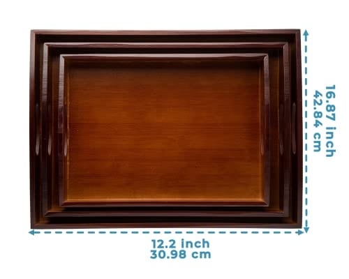 3-Piece Bamboo Serving Tray Set with Handles - Stackable Wooden Serving Trays (Large, Medium, Small) for Breakfast, Snacks & Home Decor - Perfect for Coffee Tables, Bedside Tables & Ottoman Serving