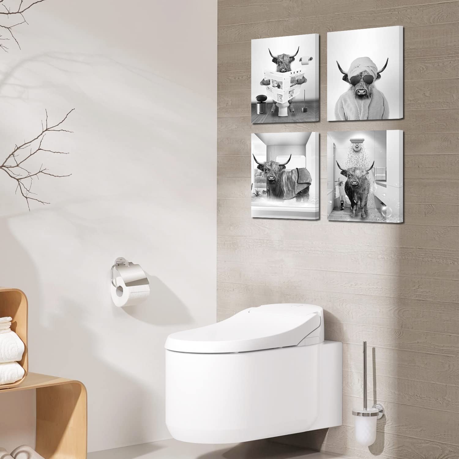 Funny Cow Wall Art Set - 4 Framed Bathroom Pictures (12x16in) for Farmhouse & Kids Decor