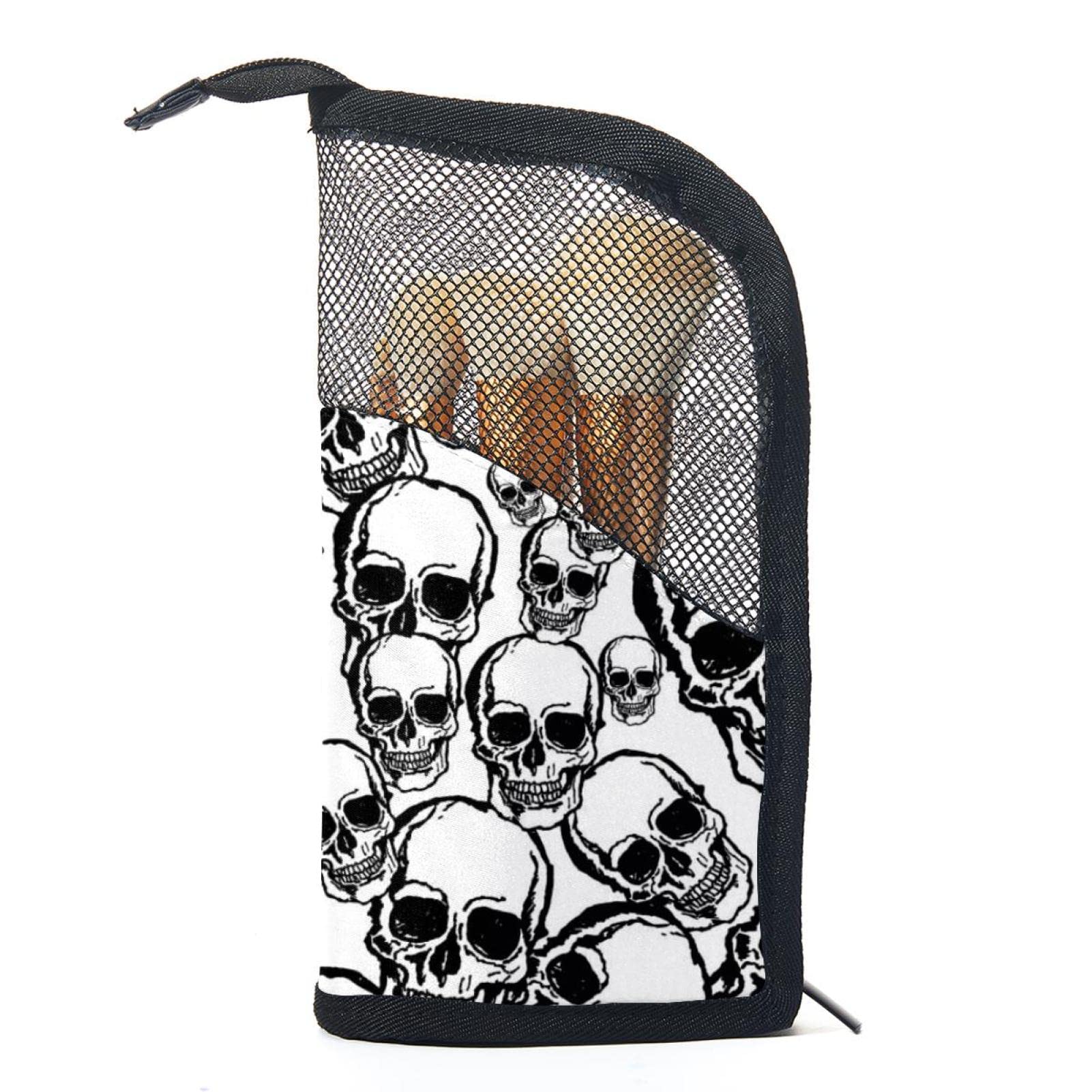 Vintage Black White Skull Makeup Brush Organizer Bag with 12 Slots - Portable Travel Cosmetic Brush Holder Case for Professional Makeup Artists & Beauty Enthusiasts - Perfect for Home, Salon, and On-the-Go Makeup Application