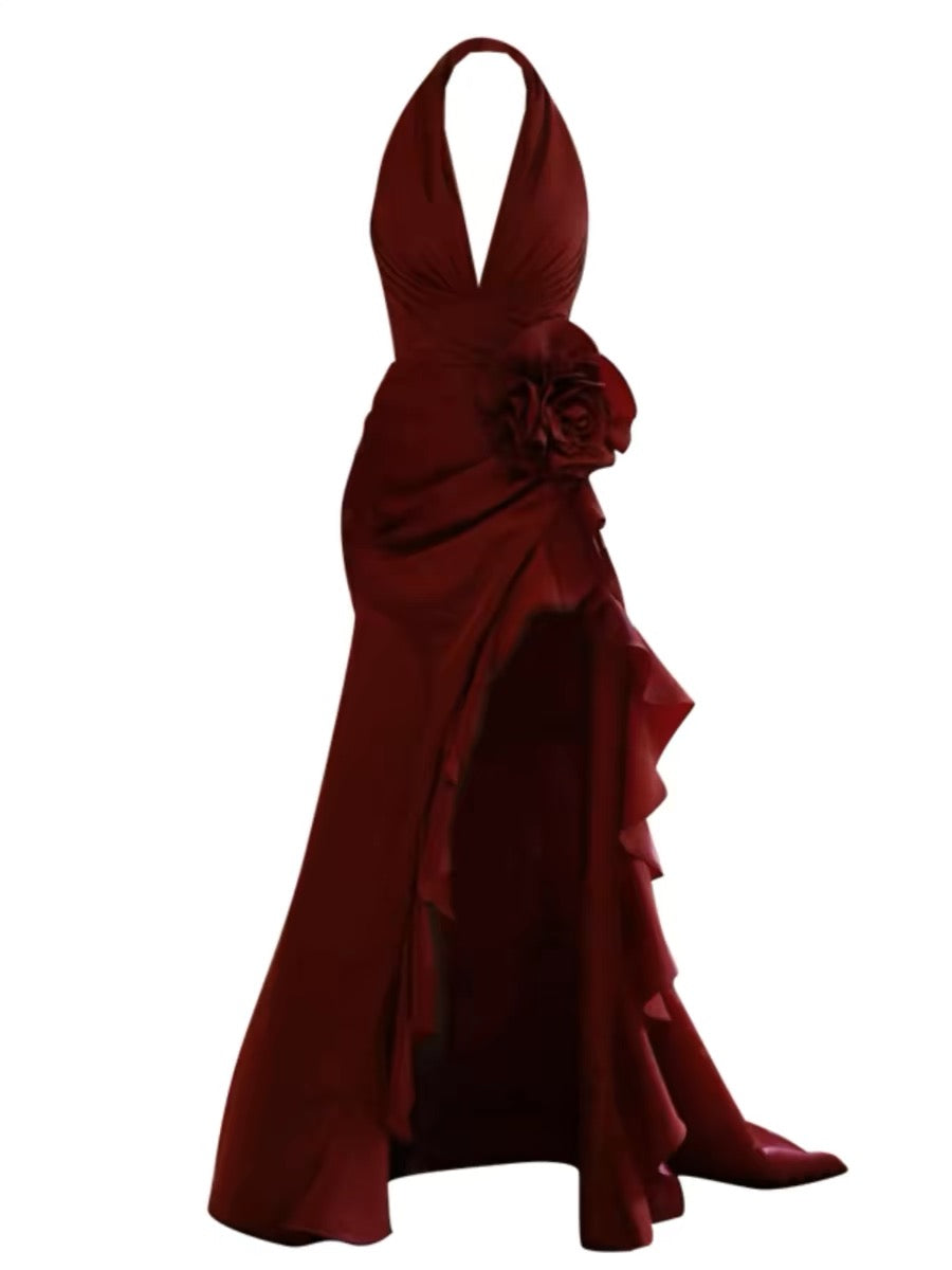 Elegant Burgundy Halter Mermaid Prom Dress with High Slit - J3218 | Perfect for Homecoming, Formal Dances & Special Occasions