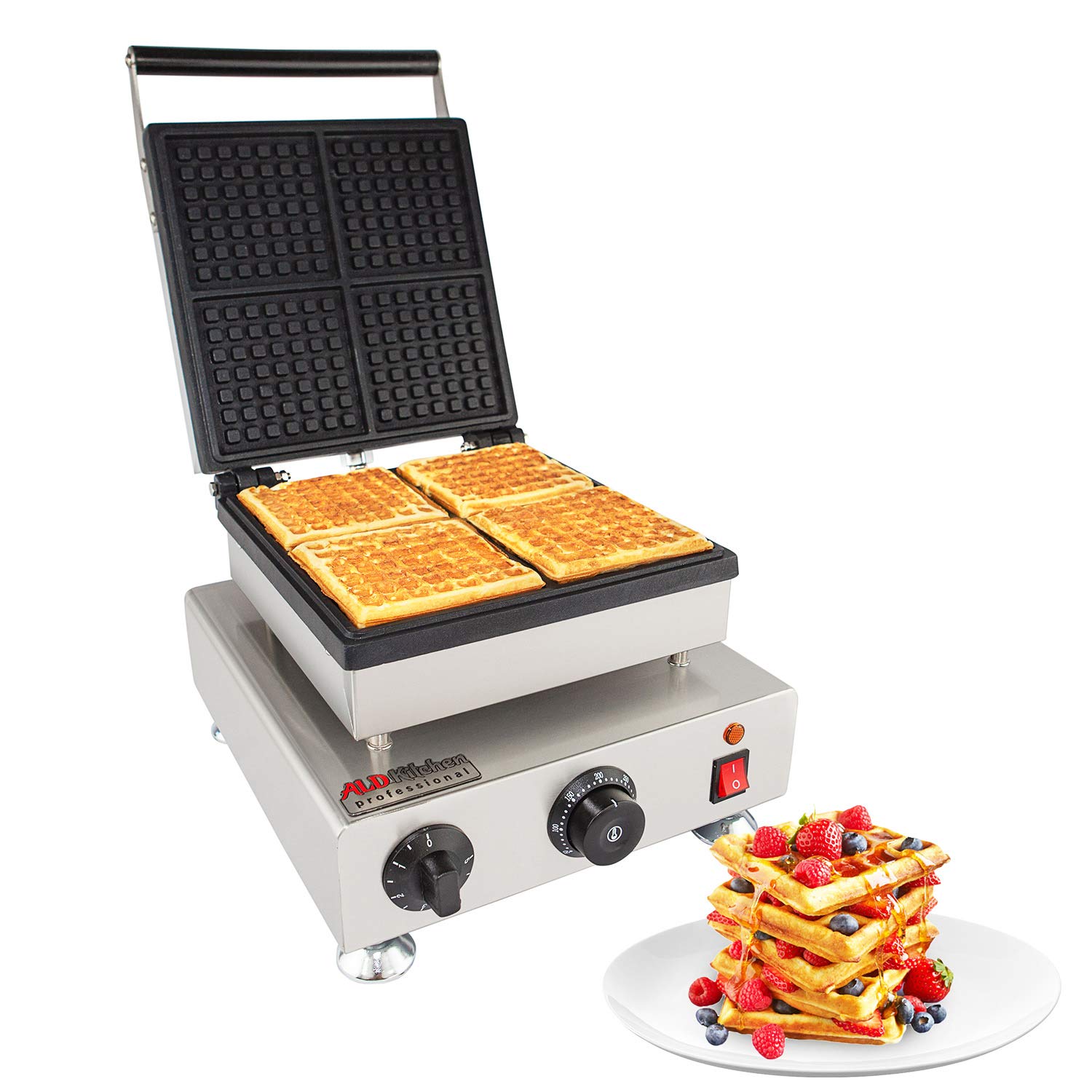 ALDKitchen Professional Stainless Steel Belgian Waffle Maker - 4 Square Nonstick Press Type Waffle Iron (110V) - Perfect for Breakfast, Brunch, Cafes & Home Cooking